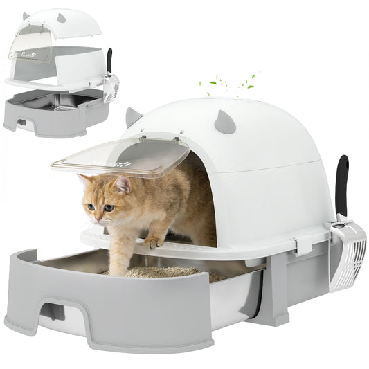 Stainless Steel Cat Litter Box, Large Hooded Kitty Litter Box with Removable Lid, Scoop & Carbon Filters for Medium Cats, Easy to Clean, No Leakage, No Odors, Gray