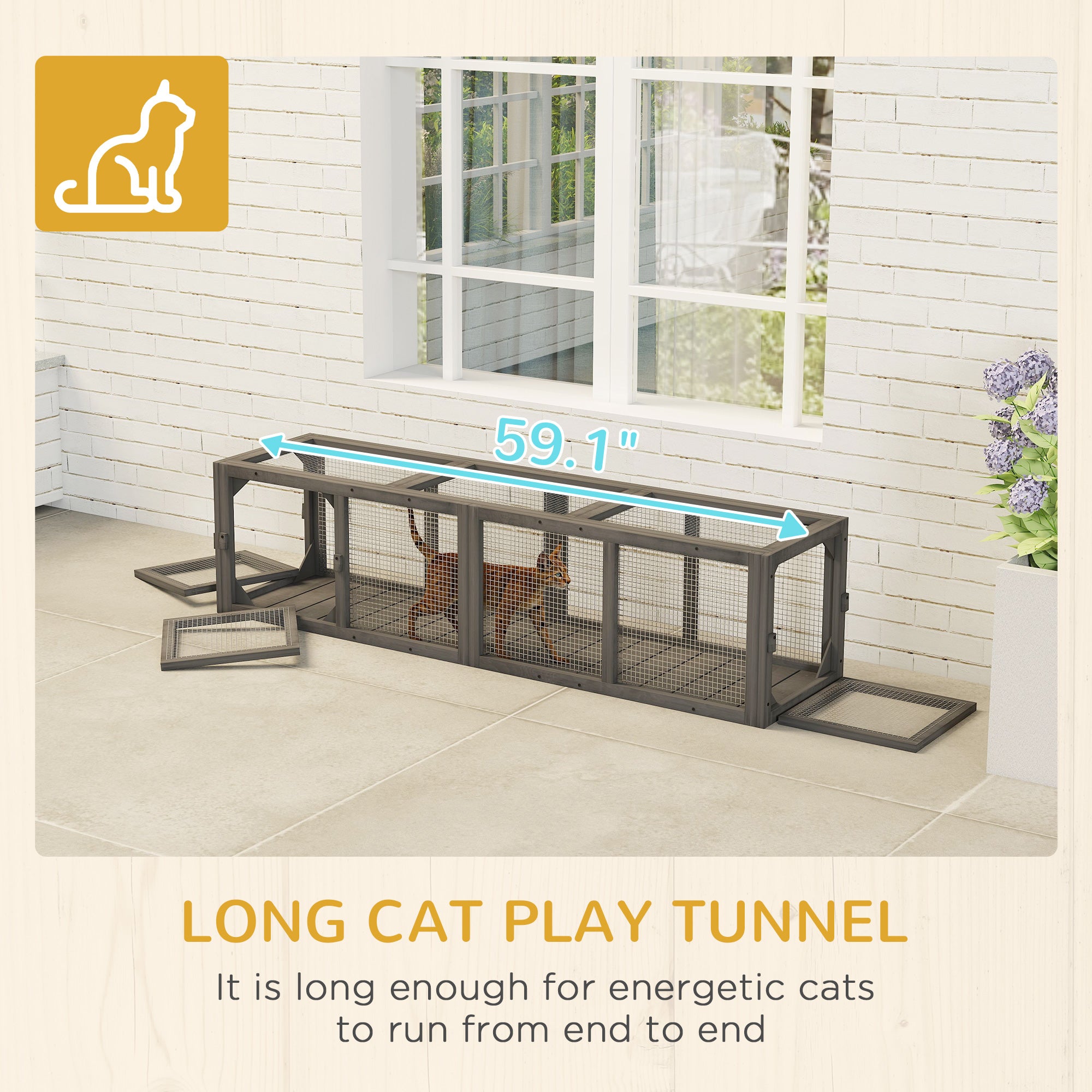 Outdoor Cat Tunnel, 59" Wooden Play Cat Enclosure, Extendable Pet Run with 3 Doors, for Indoor and Outdoor Use, for Kitty, Puppy, Gray