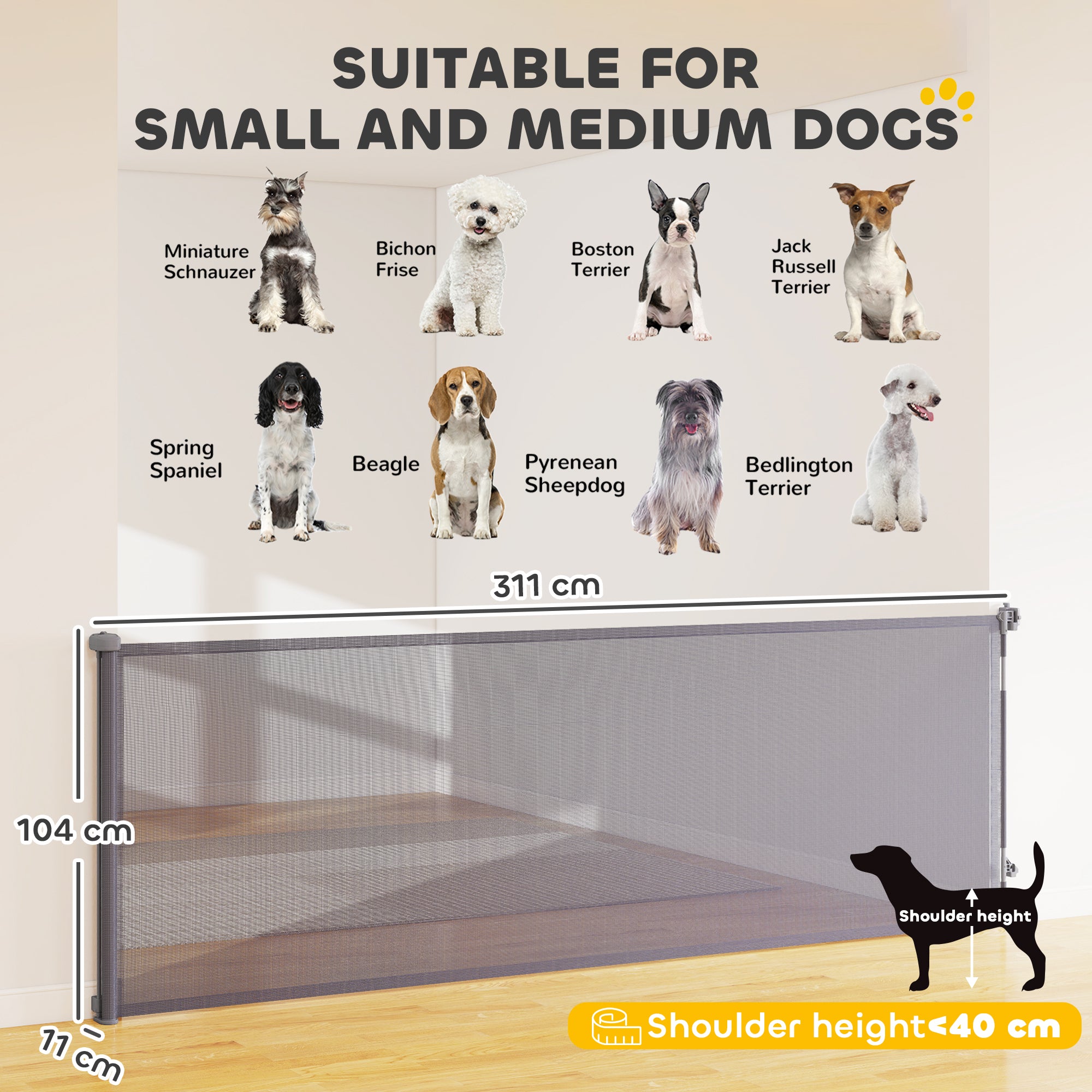 Retractable Stair Gate for Dogs, Pet Gate, Extends to 300 cm Wide & 104 cm Tall, One Handed Operation, for Stairs, Hallways, Doorways, Indoor and Outdoor, Grey