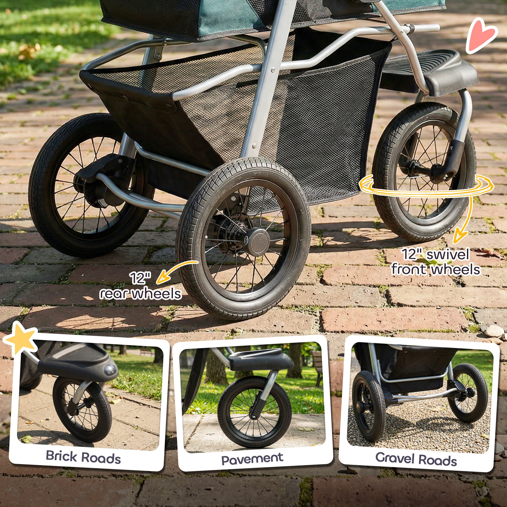 Dog Stroller for Small Dogs, 3 Wheel Foldable Pet Stroller with 12" Rubber Wheels, Mesh Window, One-Foot Brake, Storage Basket and Cup Holder, Up to 22 LBS, Dark Green
