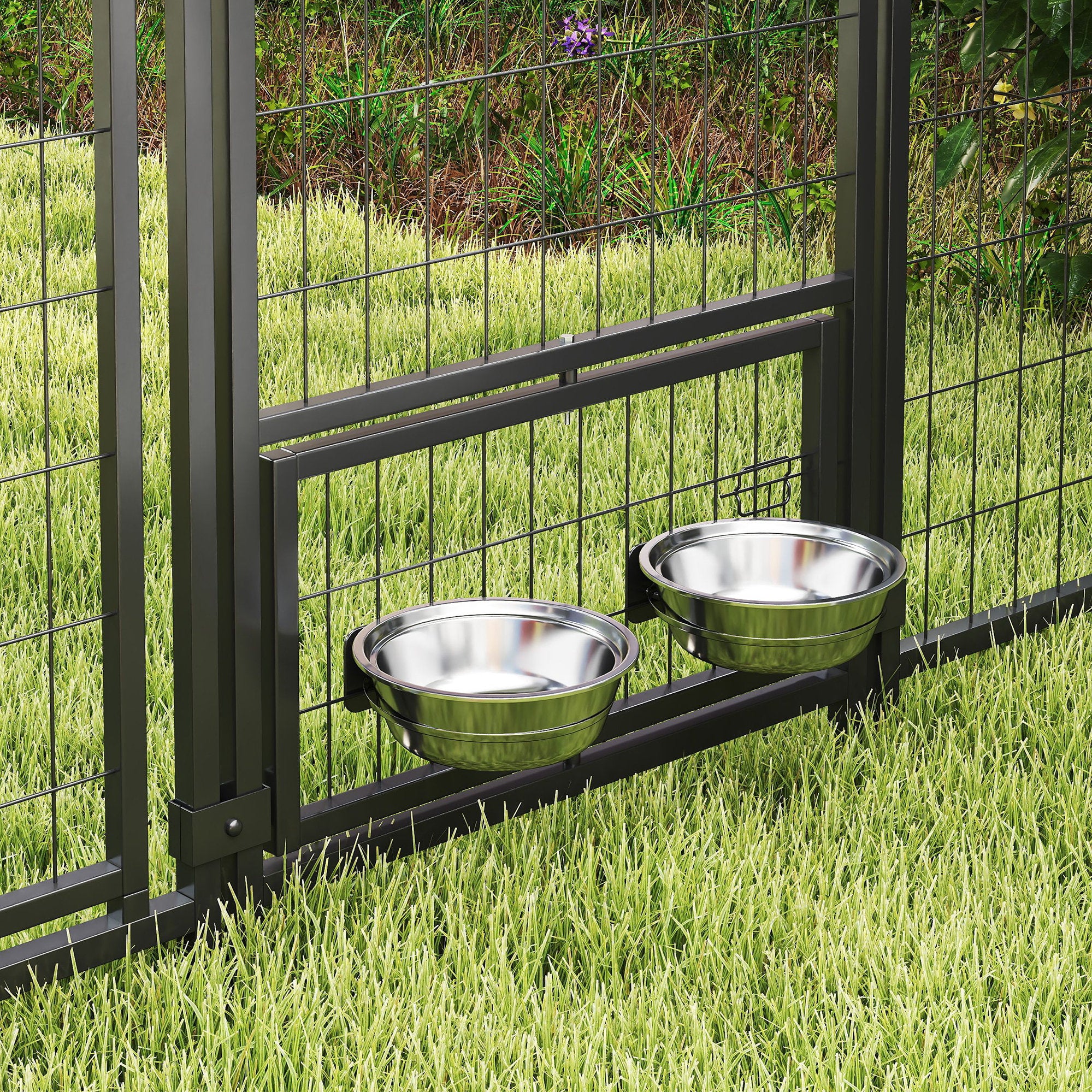 9.8' x 9.8' x 6' Outdoor Dog Kennel, Welded Wire Dog Kennel Outside Run with 360° Rotating Bowls, Waterproof & UV Resistant Cover, for S&M&L Breeds, Chickens, Ducks, Sliver