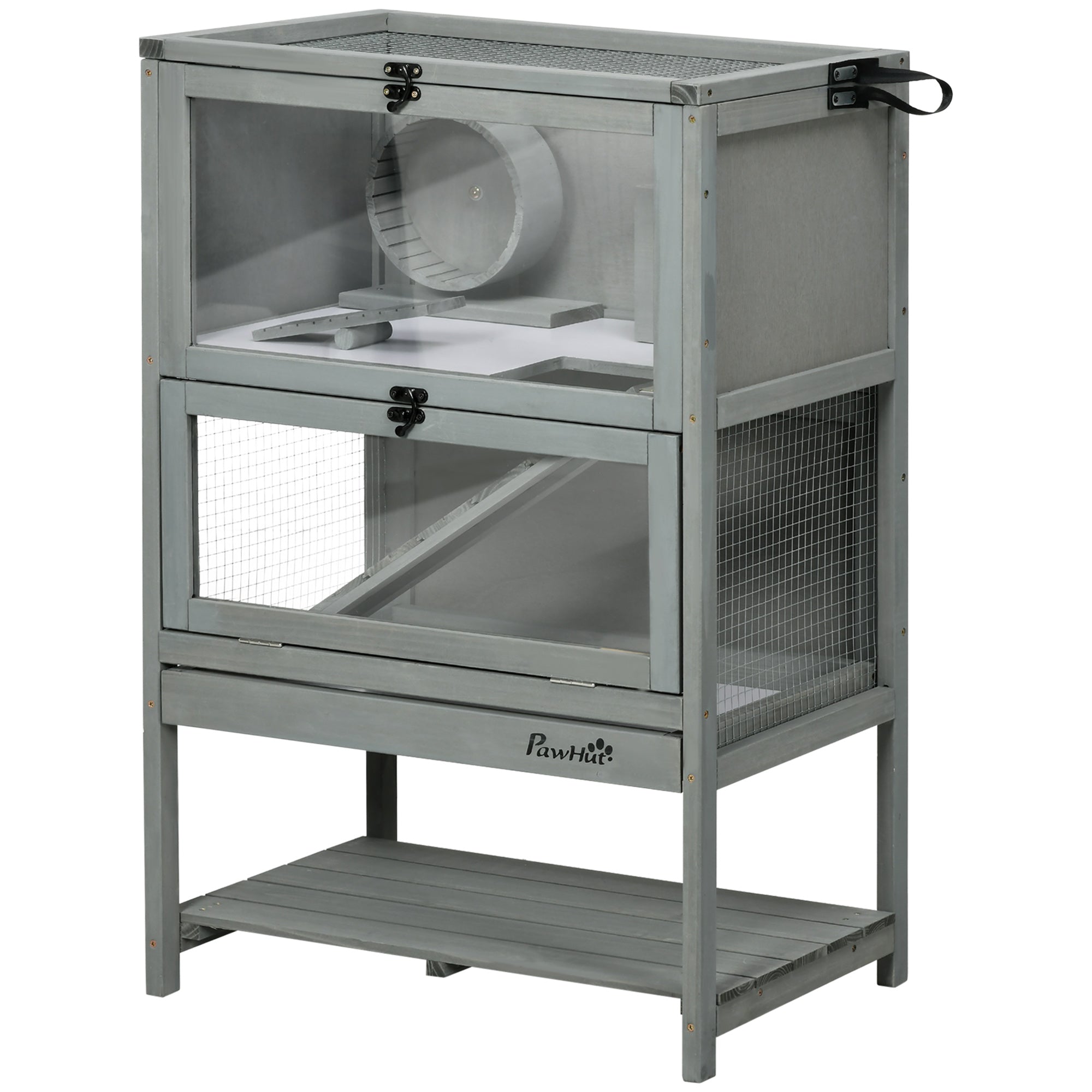 Wooden Hamster Cage, Mice Rodent Small Animals Kit Hutch, 2-Tier Exercise Play House, with Storage Shelf, Sliding Tray, Seesaw, Running Wheel, Lockable Roof, Grey