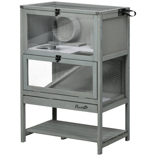 Wooden Hamster Cage, Mice Rodent Small Animals Kit Hutch, 2-Tier Exercise Play House, with Storage Shelf, Sliding Tray, Seesaw, Running Wheel, Lockable Roof, Grey