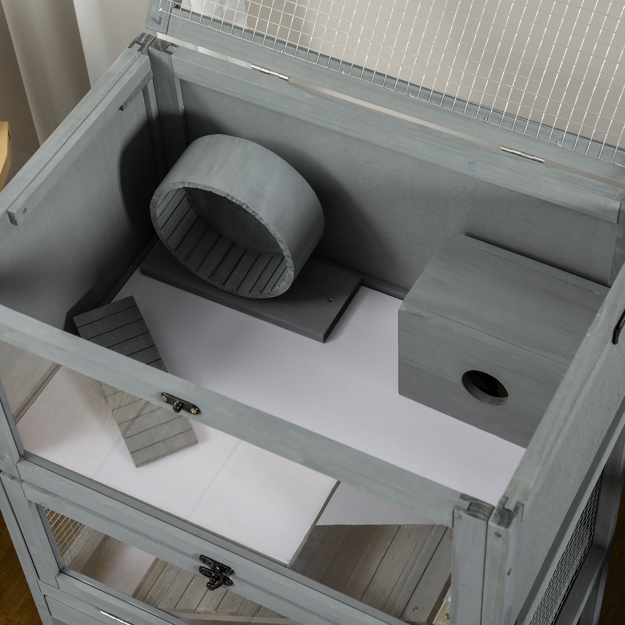 Wooden Hamster Cage, Mice Rodent Small Animals Kit Hutch, 2-Tier Exercise Play House, with Storage Shelf, Sliding Tray, Seesaw, Running Wheel, Lockable Roof, Grey