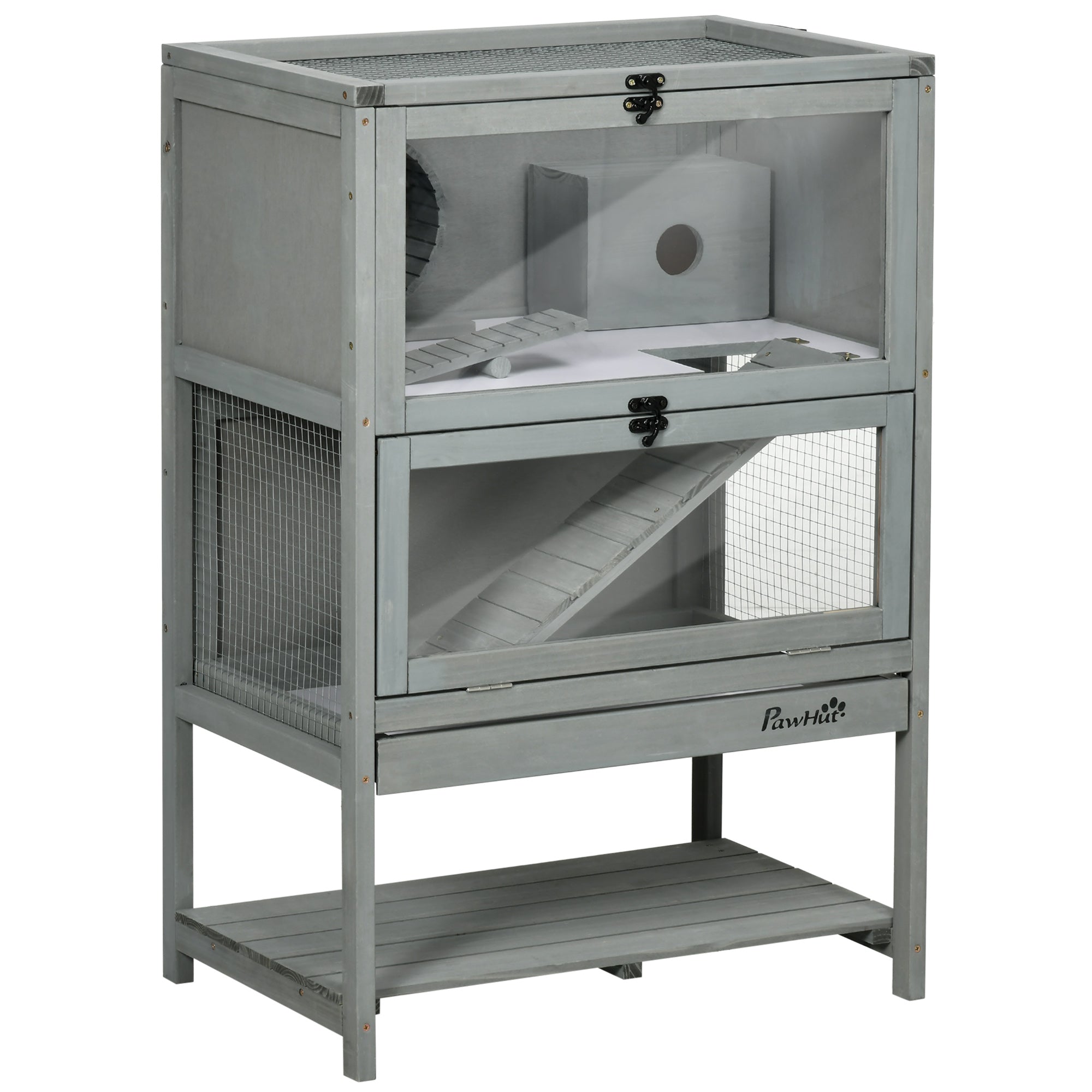 Wooden Hamster Cage, Mice Rodent Small Animals Kit Hutch, 2-Tier Exercise Play House, with Storage Shelf, Sliding Tray, Seesaw, Running Wheel, Lockable Roof, Grey