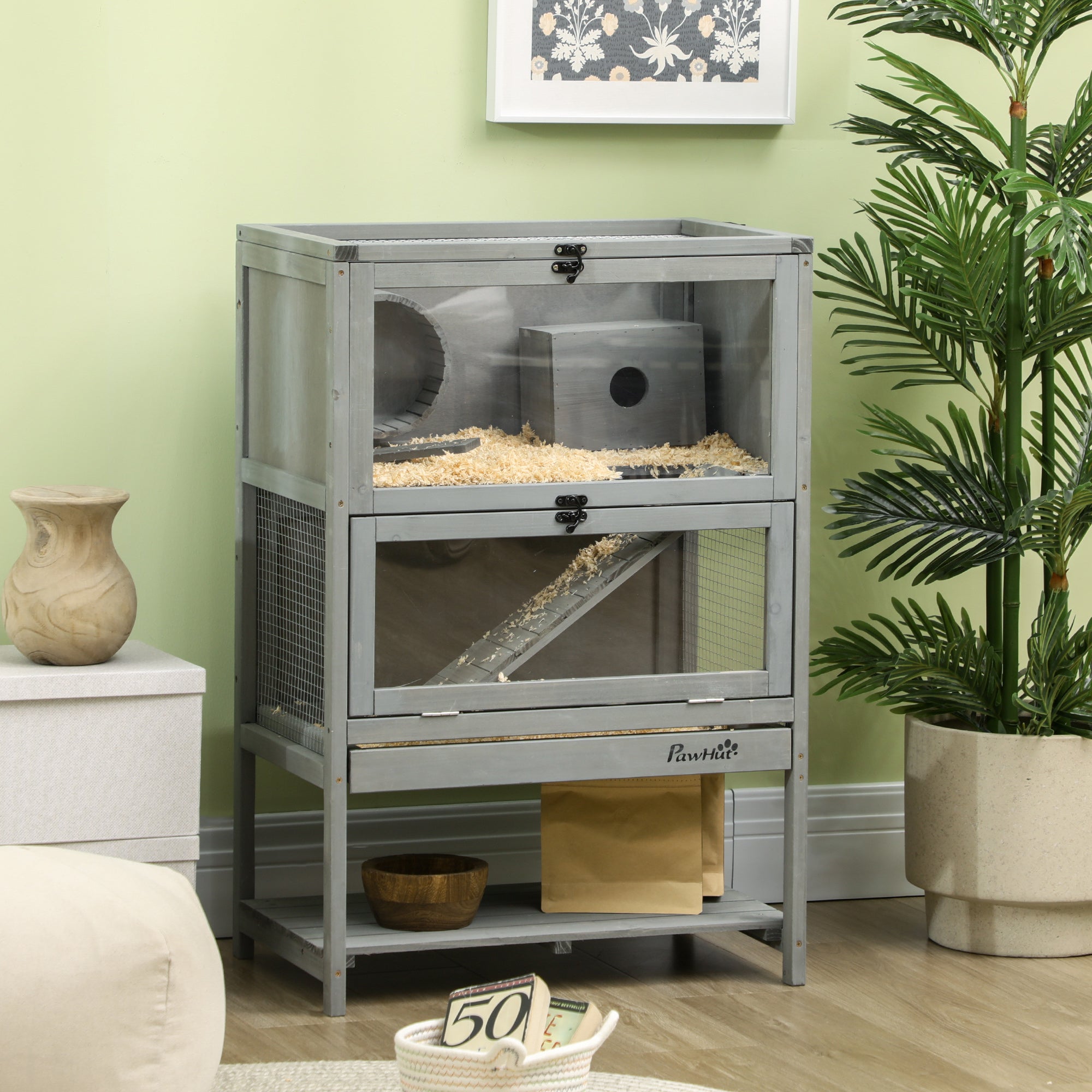 Wooden Hamster Cage, Mice Rodent Small Animals Kit Hutch, 2-Tier Exercise Play House, with Storage Shelf, Sliding Tray, Seesaw, Running Wheel, Lockable Roof, Grey