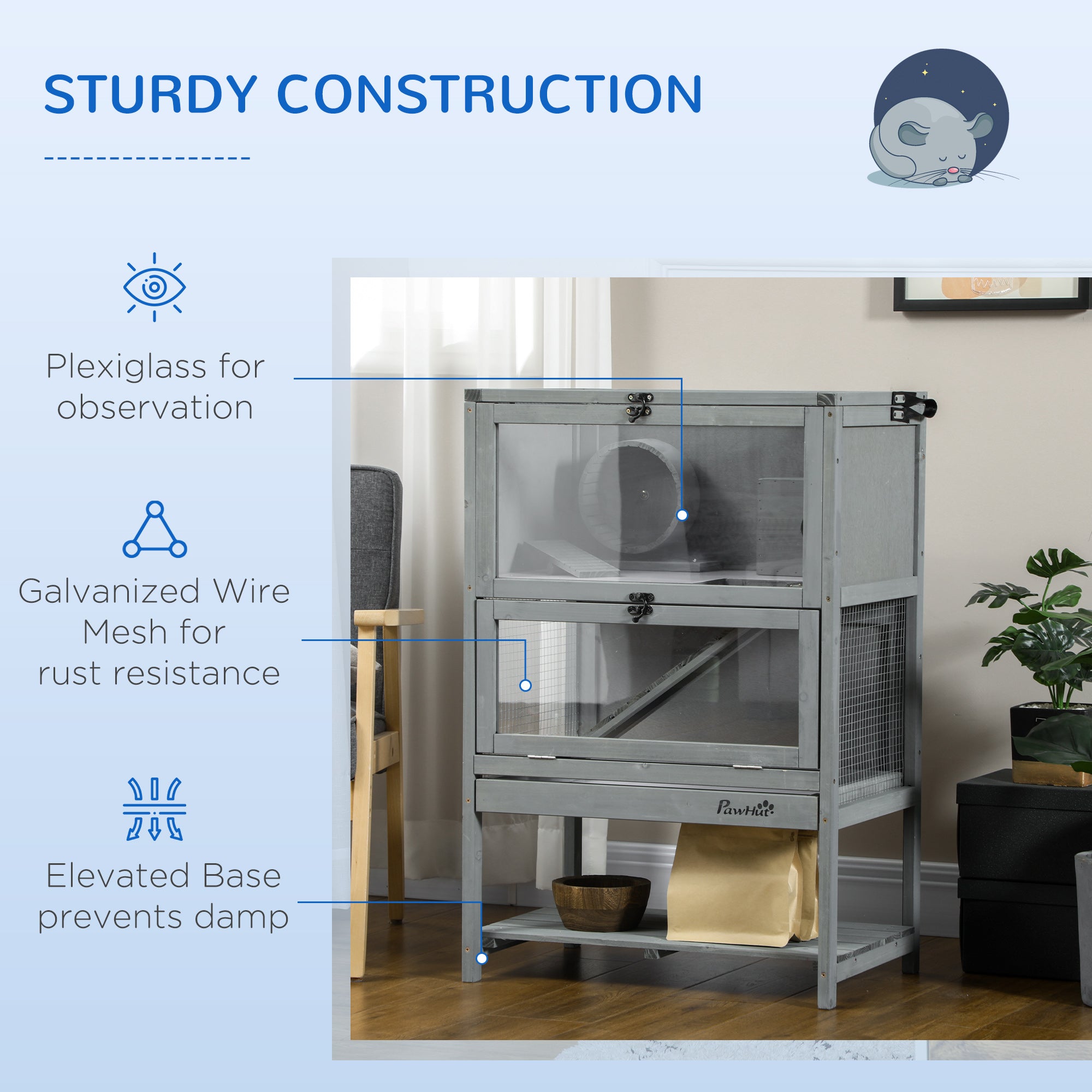 Wooden Hamster Cage, Mice Rodent Small Animals Kit Hutch, 2-Tier Exercise Play House, with Storage Shelf, Sliding Tray, Seesaw, Running Wheel, Lockable Roof, Grey
