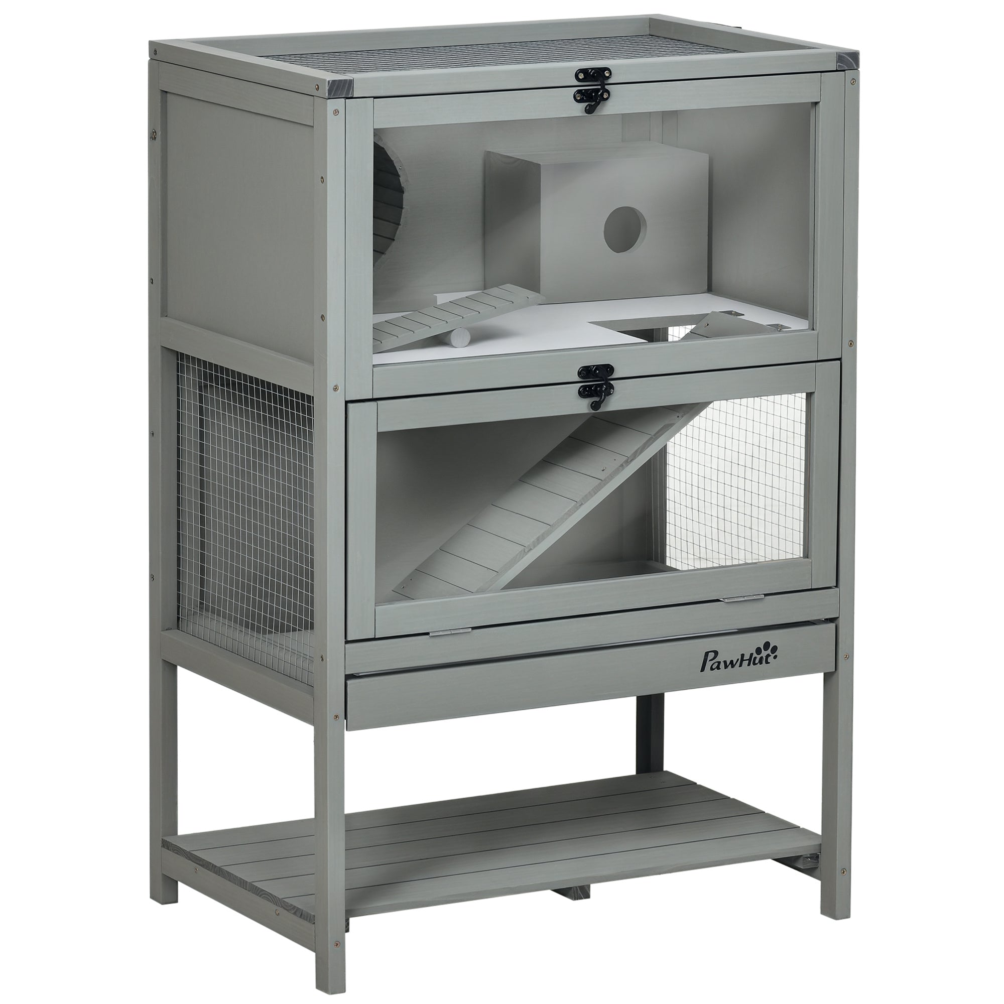Wooden Hamster Cage, Mice Rodent Small Animals Kit Hutch, 2-Tier Exercise Play House, with Storage Shelf, Sliding Tray, Seesaw, Running Wheel, Lockable Roof, Grey