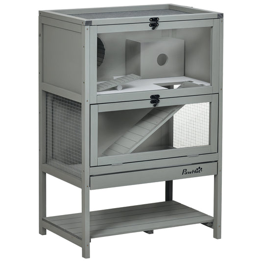 Wooden Hamster Cage, Mice Rodent Small Animals Kit Hutch, 2-Tier Exercise Play House, with Storage Shelf, Sliding Tray, Seesaw, Running Wheel, Lockable Roof, Grey