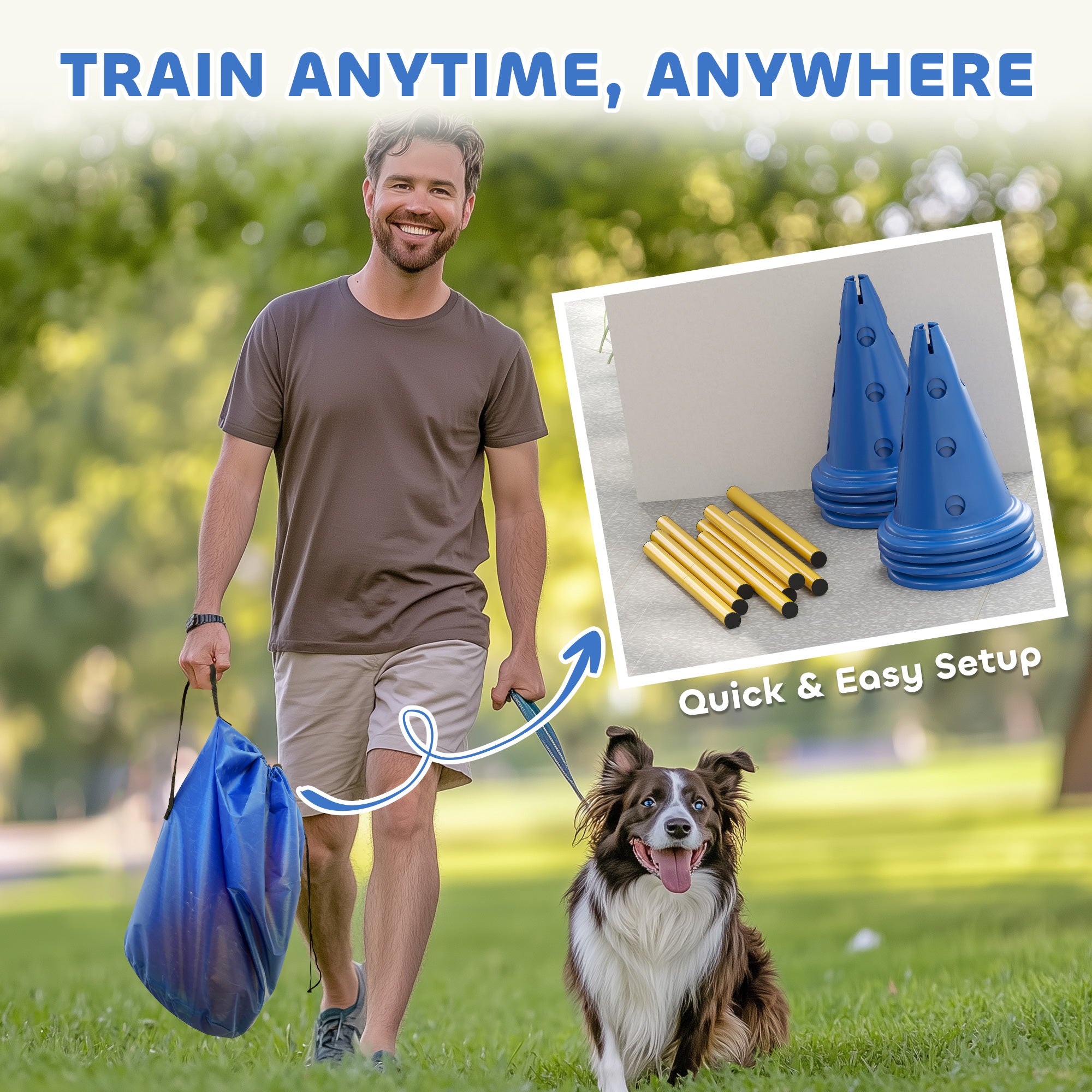 Dog Agility Equipment Set, Portable Pet Jump Training Kit for Eight Cones, Eight Poles with Carry Bag, Four-Piece Adjustable Height Jumping Obstacles, Blue