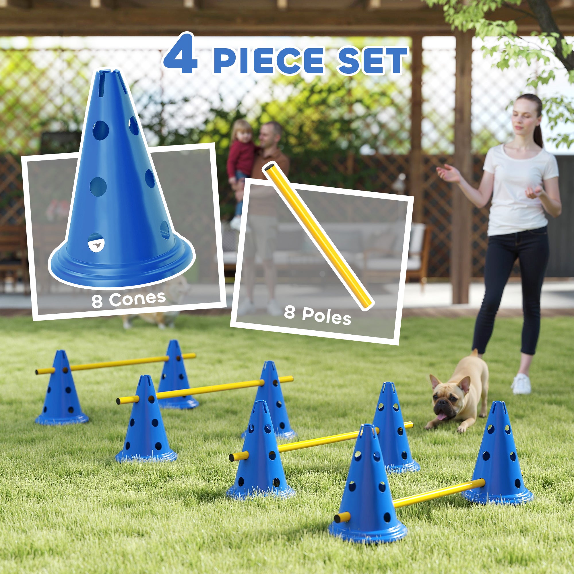 Dog Agility Equipment Set, Portable Pet Jump Training Kit for Eight Cones, Eight Poles with Carry Bag, Four-Piece Adjustable Height Jumping Obstacles, Blue