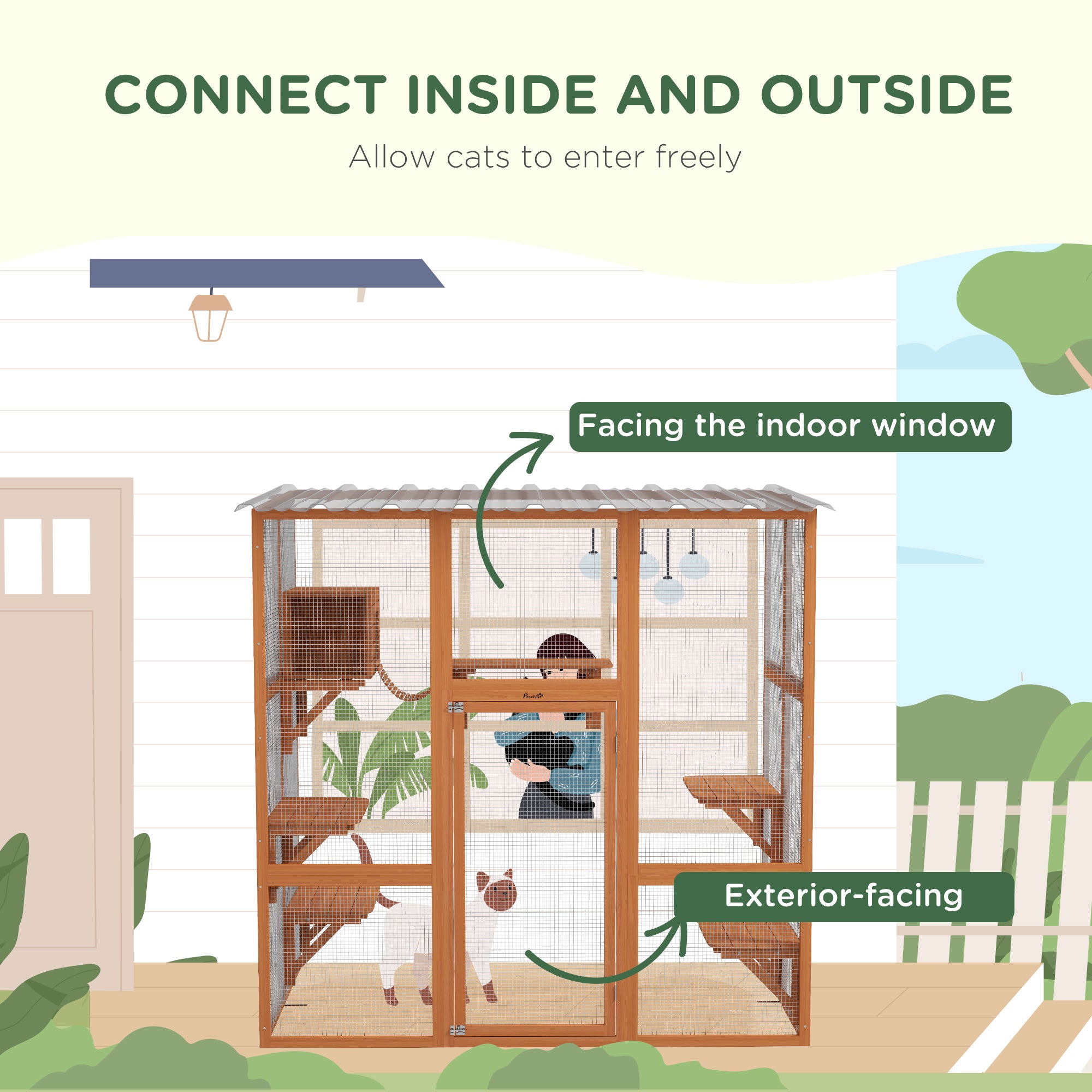 Catio, Wooden Outdoor Cat Enclosure Window Box with Weatherproof Roof, Bridge, Resting Box, Platforms, Cat Cage for 2 Kittens, Orange