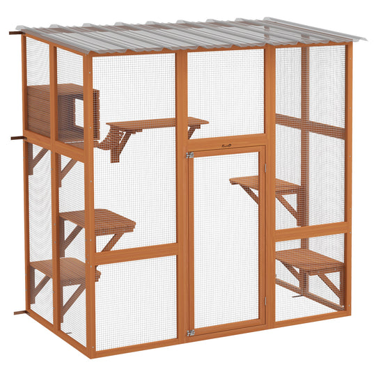 PawHut Catio, Outdoor Cat Enclosure Window Box, Wooden Cat House Playground with Scratching Posts, Weather Protection Roof for 1-2 Kitties, Resting Boxes, 68" x 35.5" x 70.5", Orange