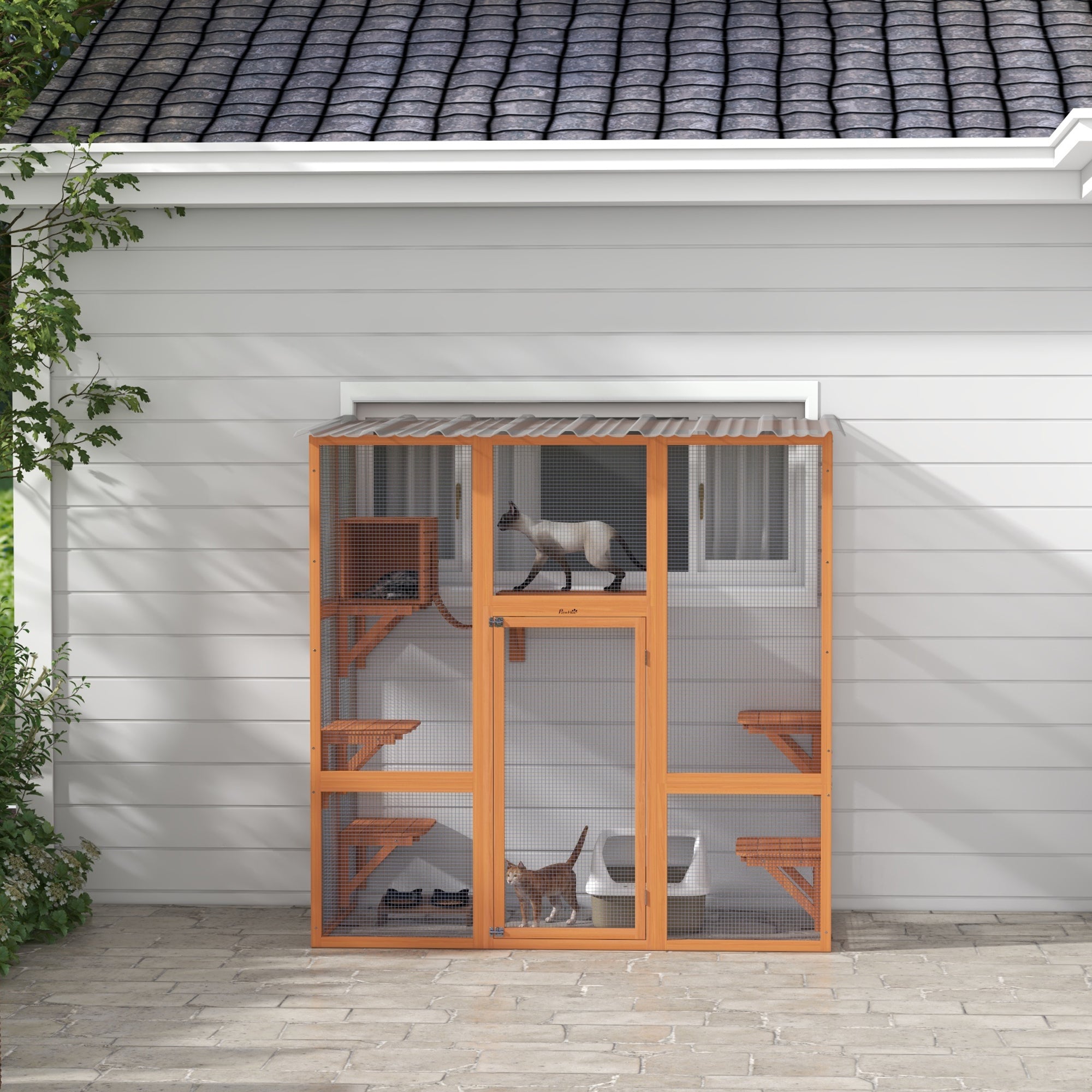 Catio, Wooden Outdoor Cat Enclosure Window Box with Weatherproof Roof, Bridge, Resting Box, Platforms, Cat Cage for 2 Kittens, Orange