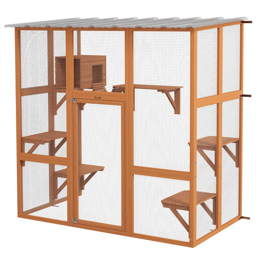 Catio, Wooden Outdoor Cat Enclosure Window Box with Weatherproof Roof, Bridge, Resting Box, Platforms, Cat Cage for 2 Kittens, Orange