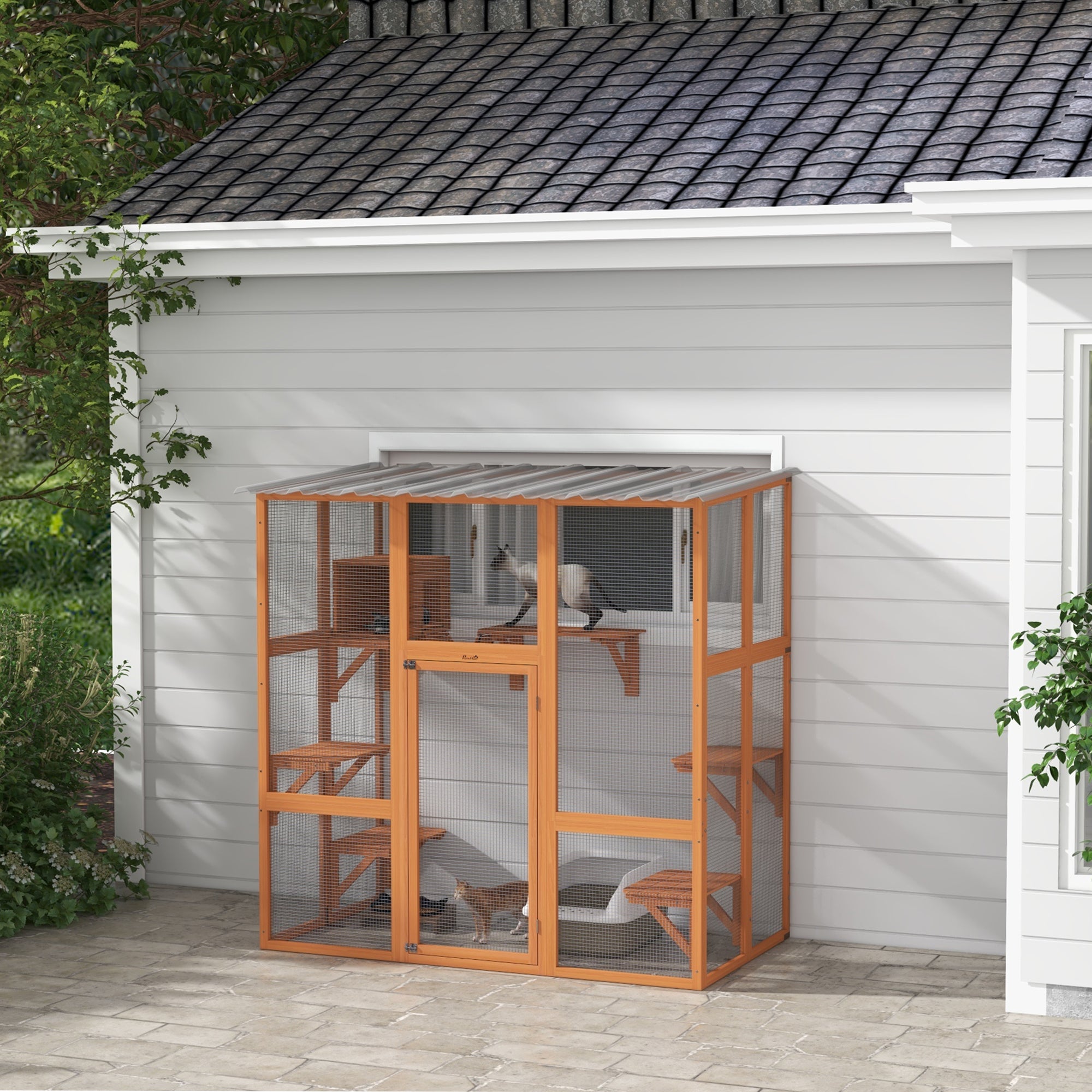 Catio, Wooden Outdoor Cat Enclosure Window Box with Weatherproof Roof, Bridge, Resting Box, Platforms, Cat Cage for 2 Kittens, Orange