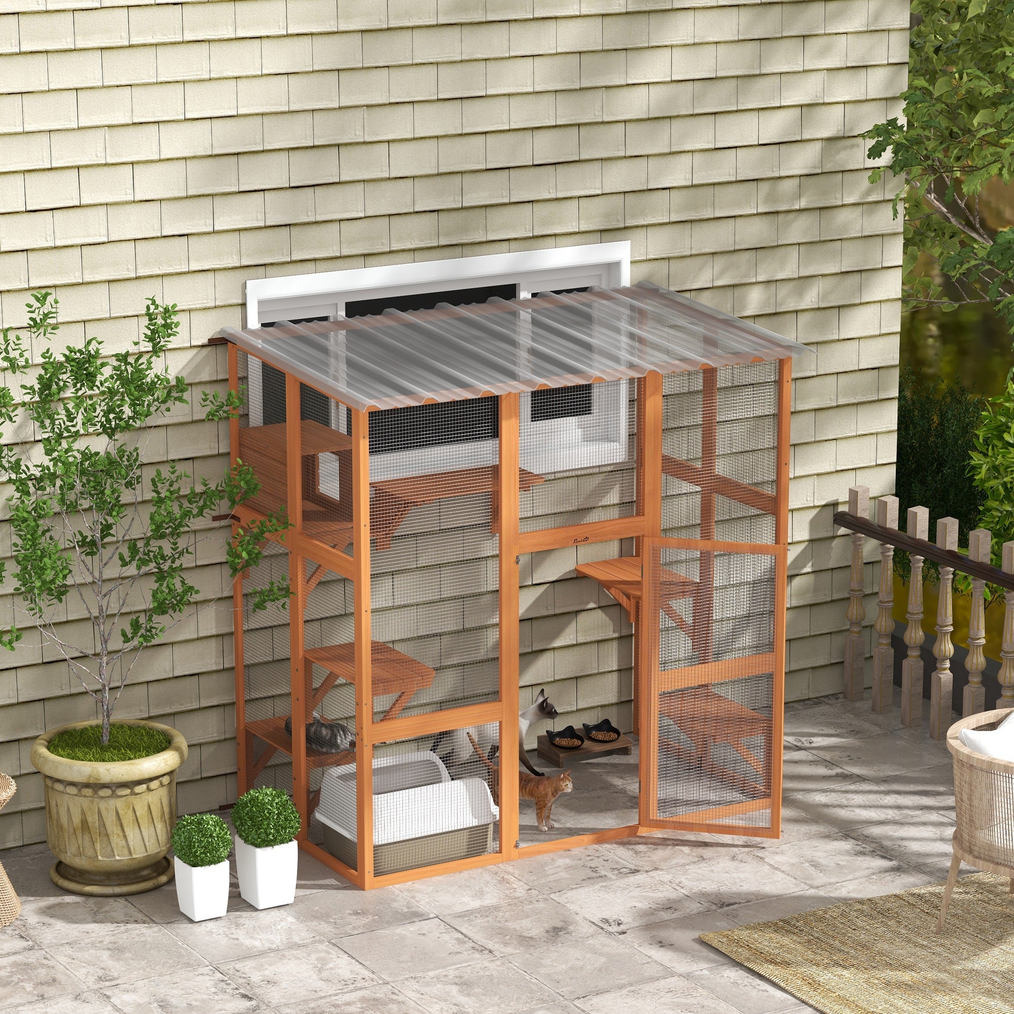 Catio, Wooden Outdoor Cat Enclosure Window Box with Weatherproof Roof, Bridge, Resting Box, Platforms, Cat Cage for 2 Kittens, Orange
