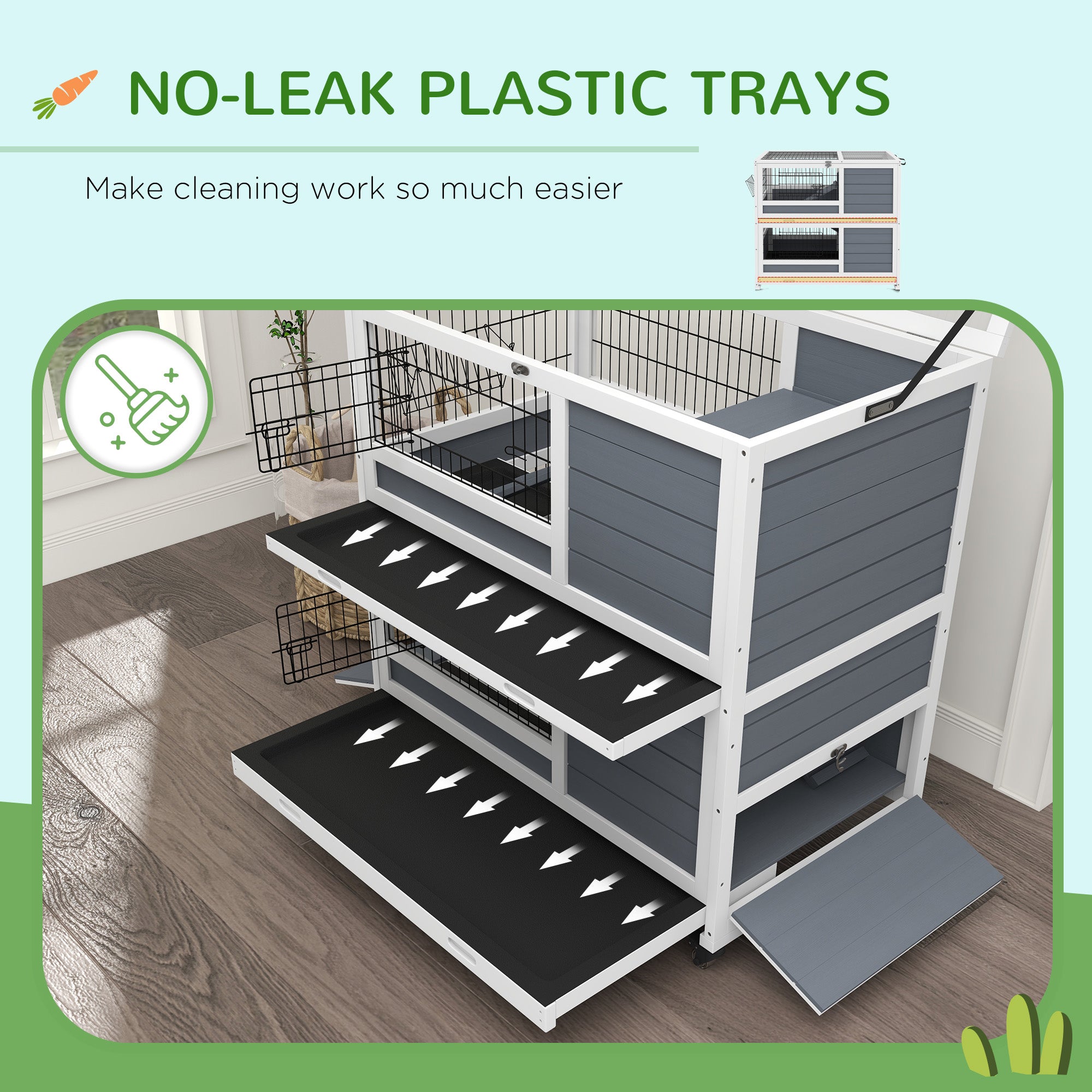 Rabbit Hutch Guinea Pig Hutch Indoor Wooden Small Animal House with Wheels, Openable Top, No-Leak Plastic Trays - Grey