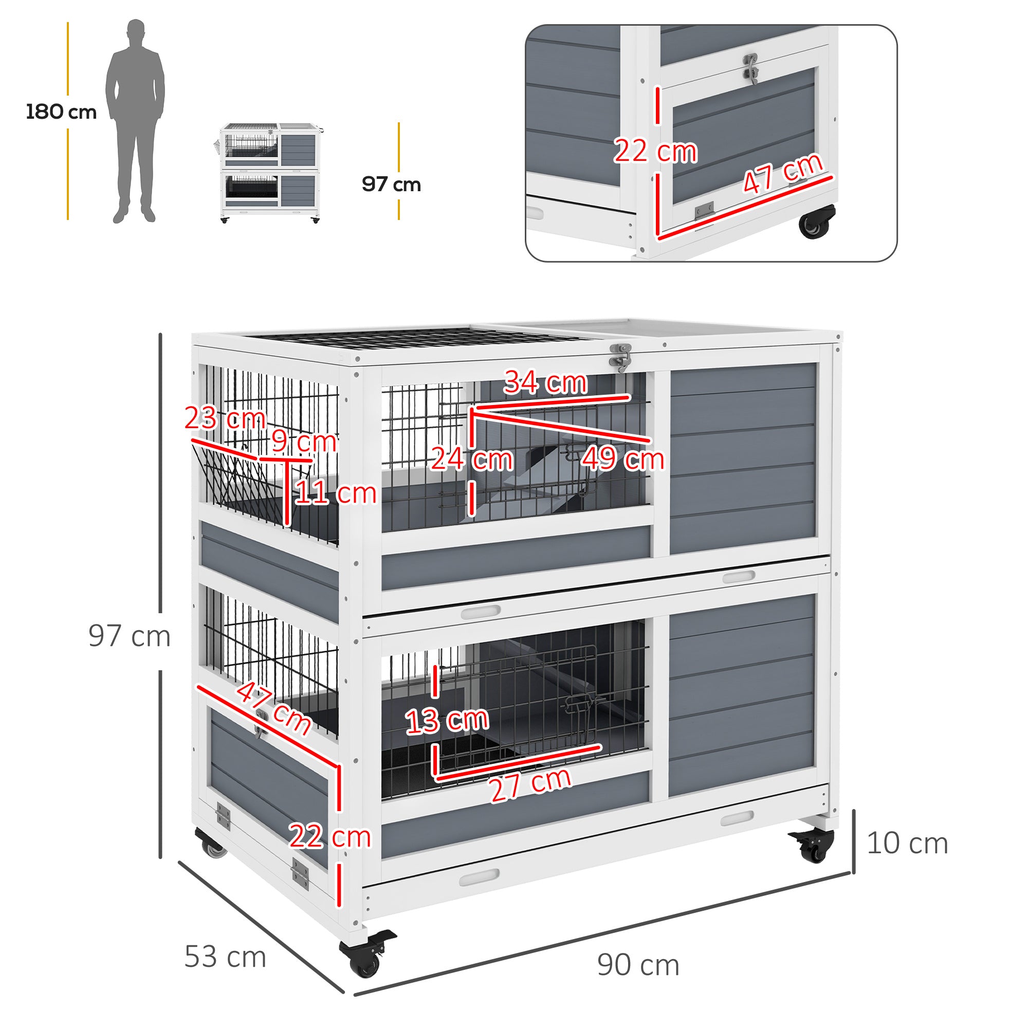 Rabbit Hutch Guinea Pig Hutch Indoor Wooden Small Animal House with Wheels, Openable Top, No-Leak Plastic Trays - Grey