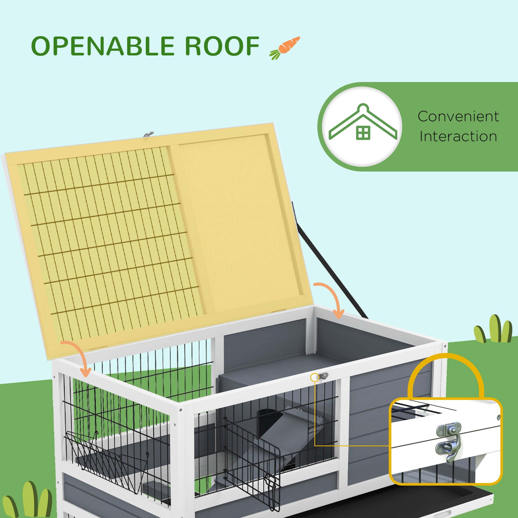 Rabbit Hutch Guinea Pig Hutch Indoor Wooden Small Animal House with Wheels, Openable Top, No-Leak Plastic Trays - Grey