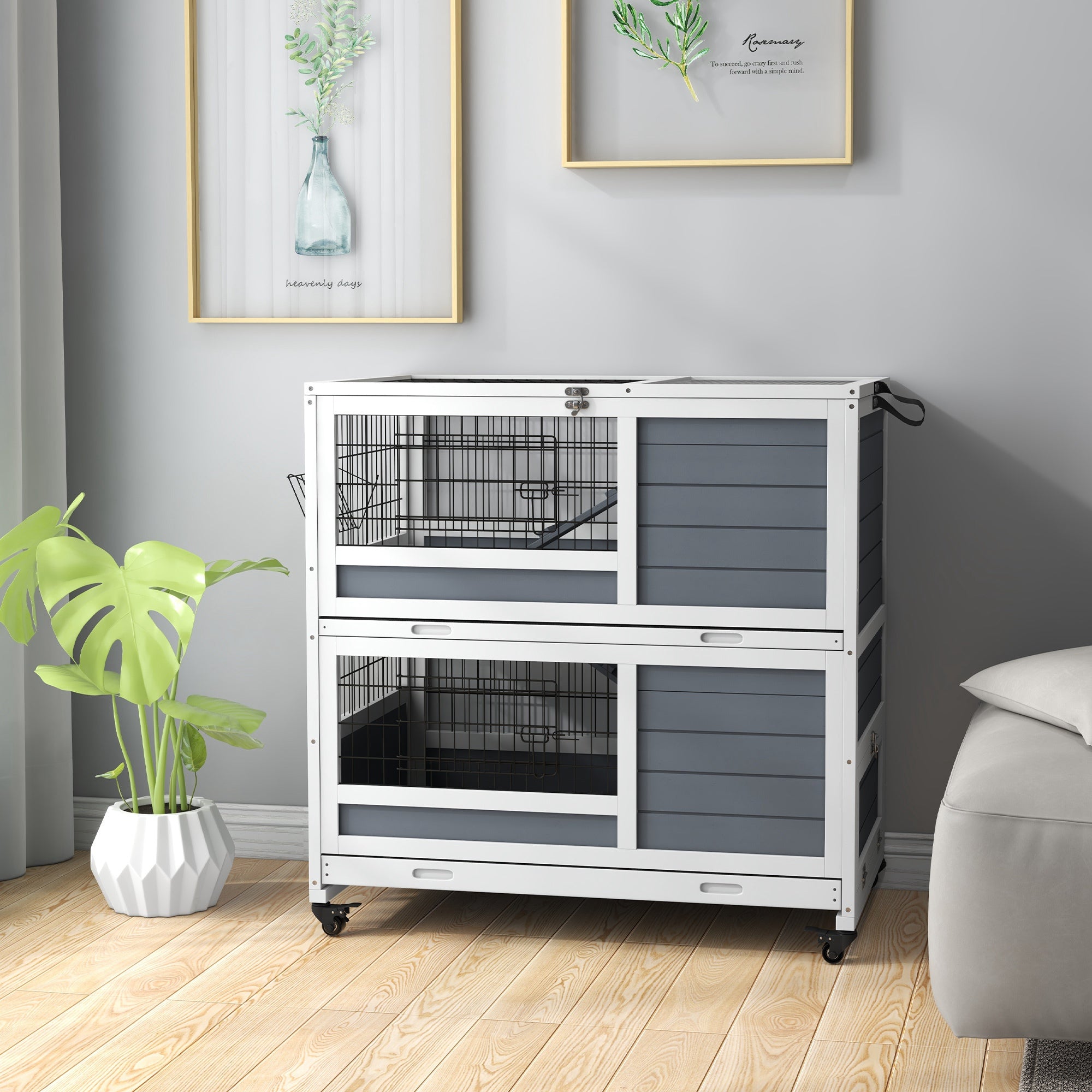 PawHut Indoor Rabbit Hutch with Wheels, 2-Tier Rabbit Cage, 35.5" Wooden Guinea Pig Cage with Feeding Trough, Removable Trays, Ramps & Openable Top for 1-2 Rabbits, Gray