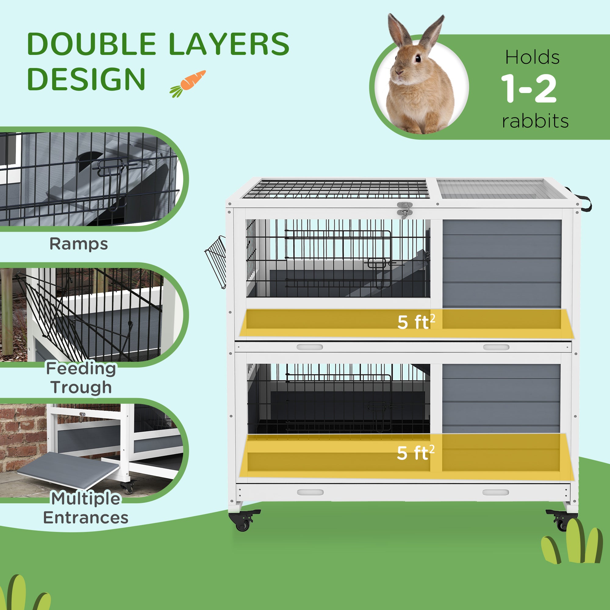 PawHut Indoor Rabbit Hutch with Wheels, 2-Tier Rabbit Cage, 35.5" Wooden Guinea Pig Cage with Feeding Trough, Removable Trays, Ramps & Openable Top for 1-2 Rabbits, Gray