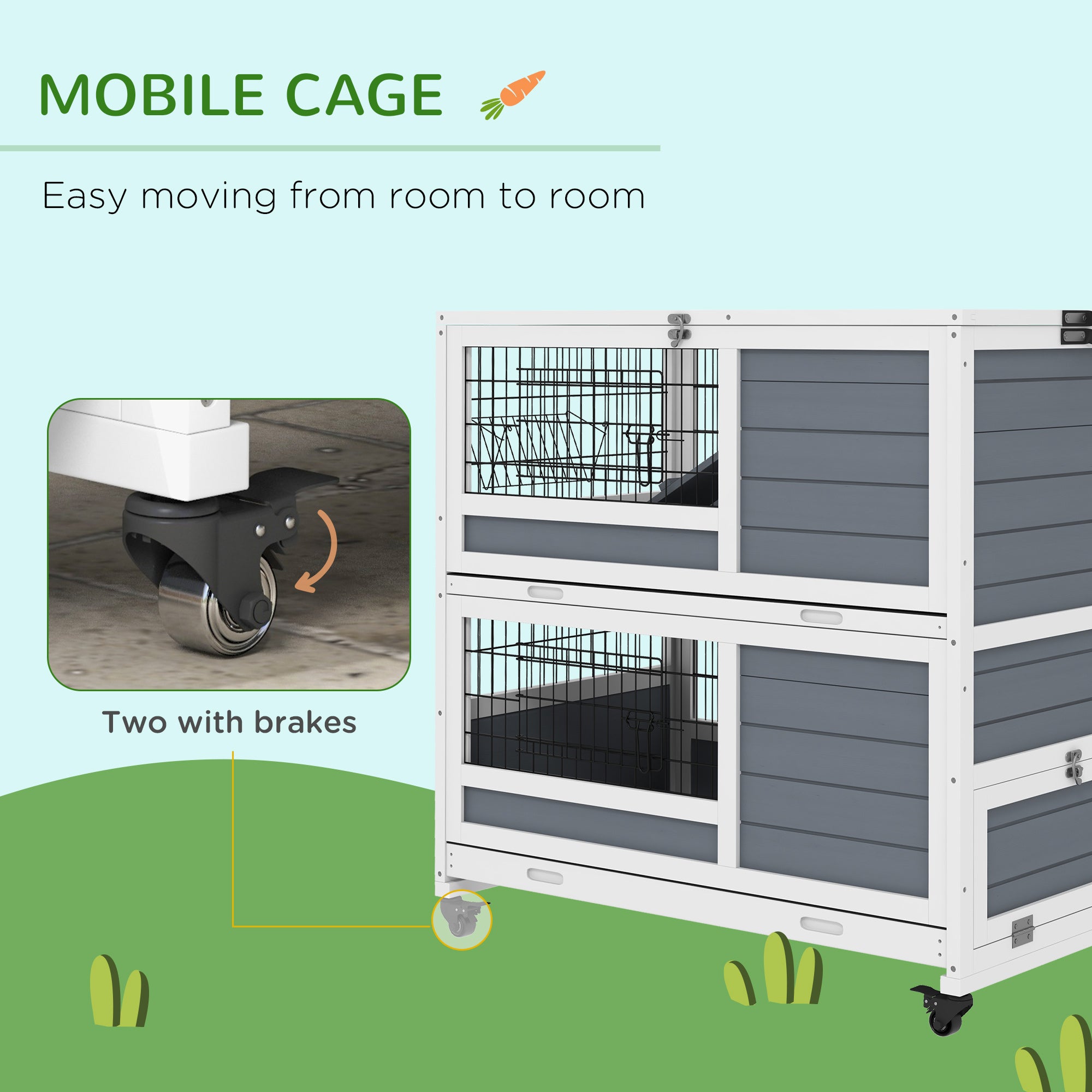 Rabbit Hutch Guinea Pig Hutch Indoor Wooden Small Animal House with Wheels, Openable Top, No-Leak Plastic Trays - Grey