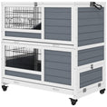 Load image into Gallery viewer, PawHut Indoor Rabbit Hutch with Wheels, 2-Tier Rabbit Cage, 35.5" Wooden Guinea Pig Cage with Feeding Trough, Removable Trays, Ramps & Openable Top for 1-2 Rabbits, Gray
