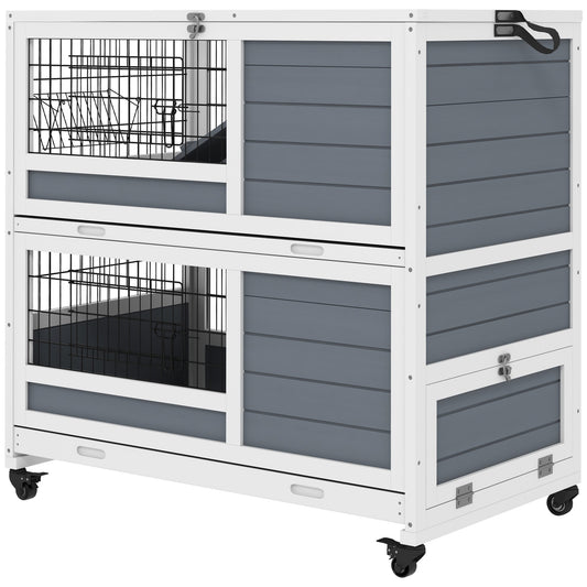 PawHut Indoor Rabbit Hutch with Wheels, 2-Tier Rabbit Cage, 35.5" Wooden Guinea Pig Cage with Feeding Trough, Removable Trays, Ramps & Openable Top for 1-2 Rabbits, Gray