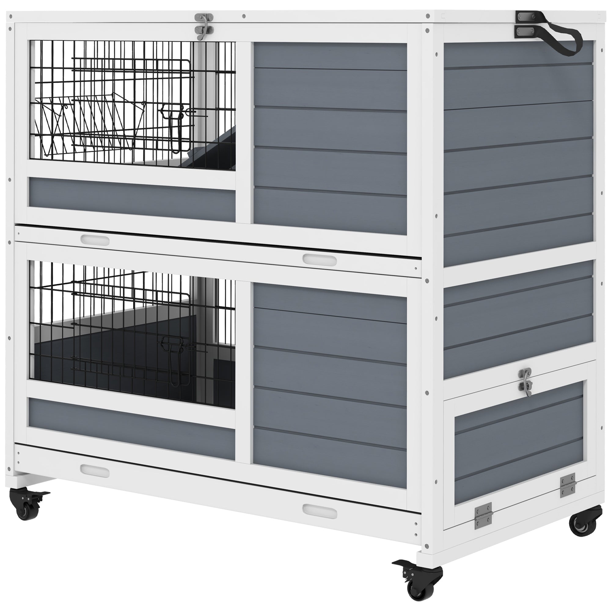 Rabbit Hutch Guinea Pig Hutch Indoor Wooden Small Animal House with Wheels, Openable Top, No-Leak Plastic Trays - Grey