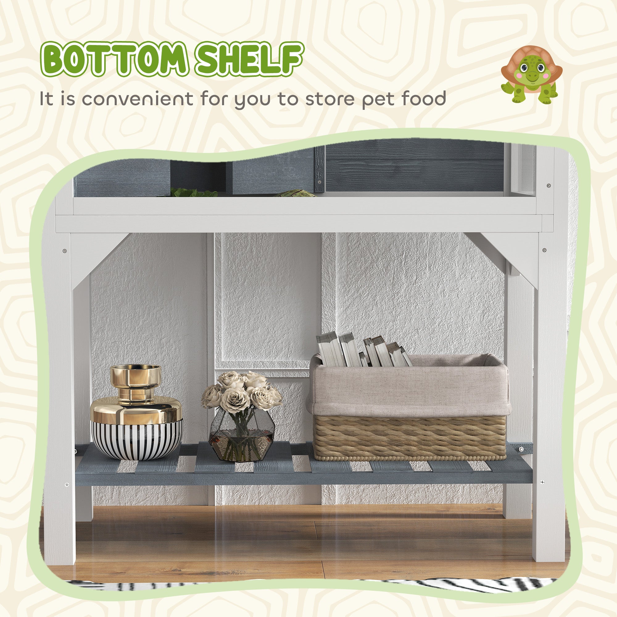 Tortoise Habitat with Storage Shelf, Wooden Tortoise Enclosure with Clear Windows, Lamp Holder, Openable Top, Built-in Tray, Reptile Cage for Indoor Outdoor Use, Gray