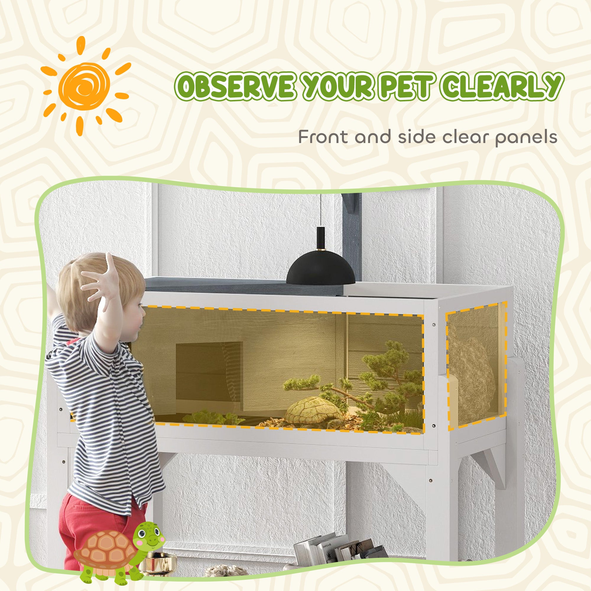 Tortoise Habitat with Storage Shelf, Wooden Tortoise Enclosure with Clear Windows, Lamp Holder, Openable Top, Built-in Tray, Reptile Cage for Indoor Outdoor Use, Gray