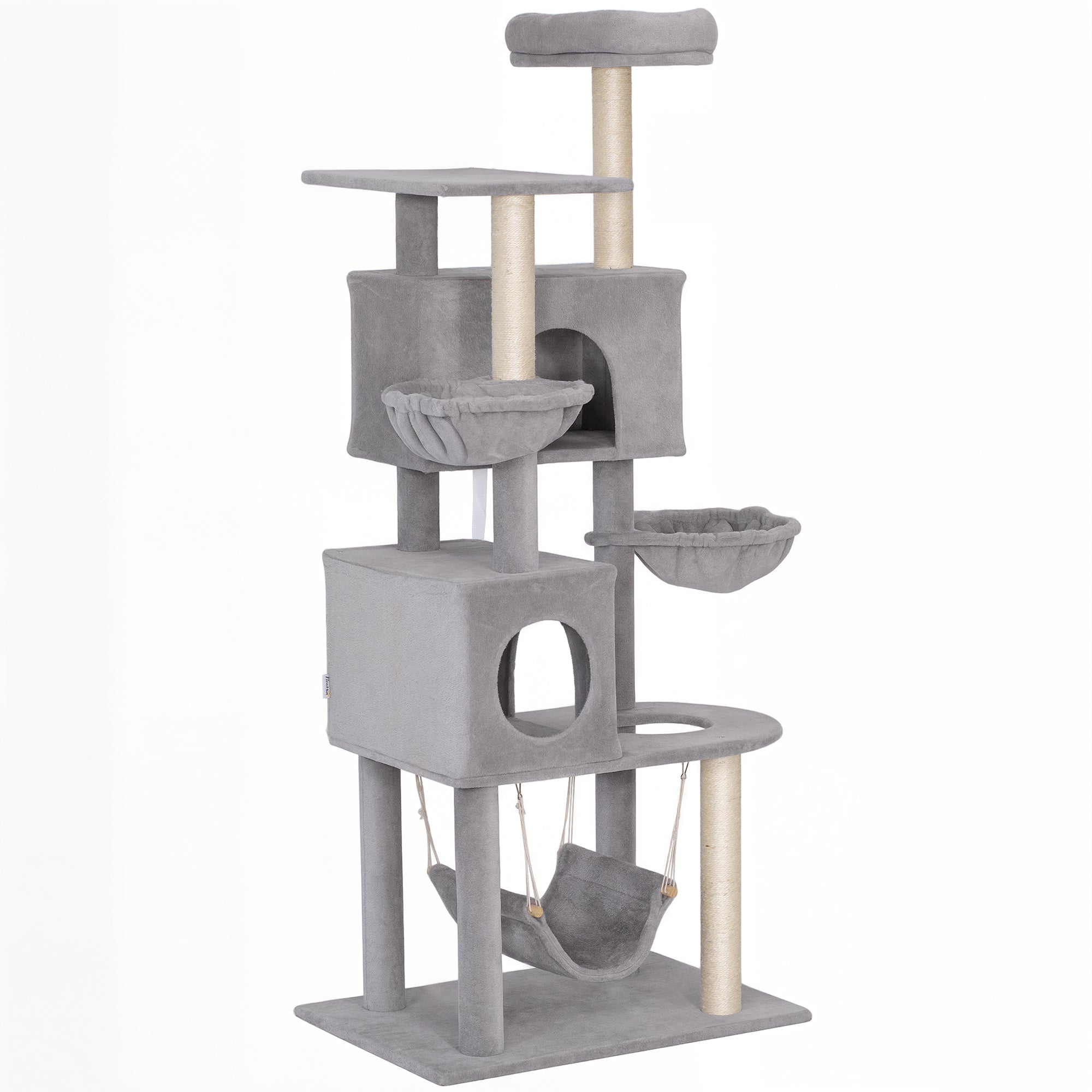 Cat Tree, 66 Inch Large Cat Tower with 2 Door Condos, 3 Big Hammocks, Plush Top Perch, Sisal Scratching Posts, Multi-level Kitty Tree for Indoor Kittens, Light Grey