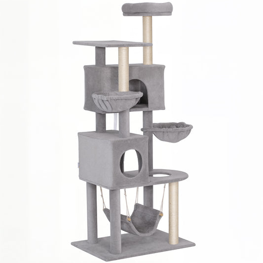 Cat Tree, 66 Inch Large Cat Tower with 2 Door Condos, 3 Big Hammocks, Plush Top Perch, Sisal Scratching Posts, Multi-level Kitty Tree for Indoor Kittens, Light Grey