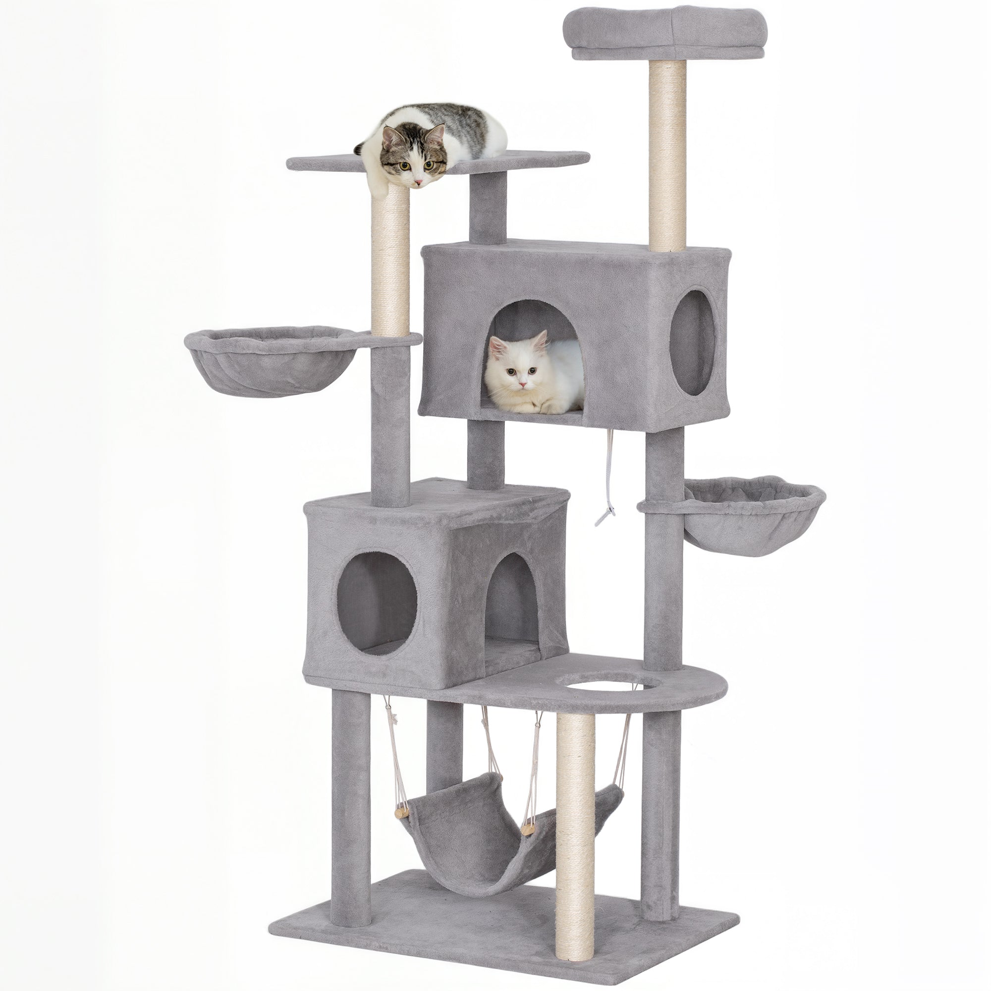 Cat Tree, 66 Inch Large Cat Tower with 2 Door Condos, 3 Big Hammocks, Plush Top Perch, Sisal Scratching Posts, Multi-level Kitty Tree for Indoor Kittens, Light Grey