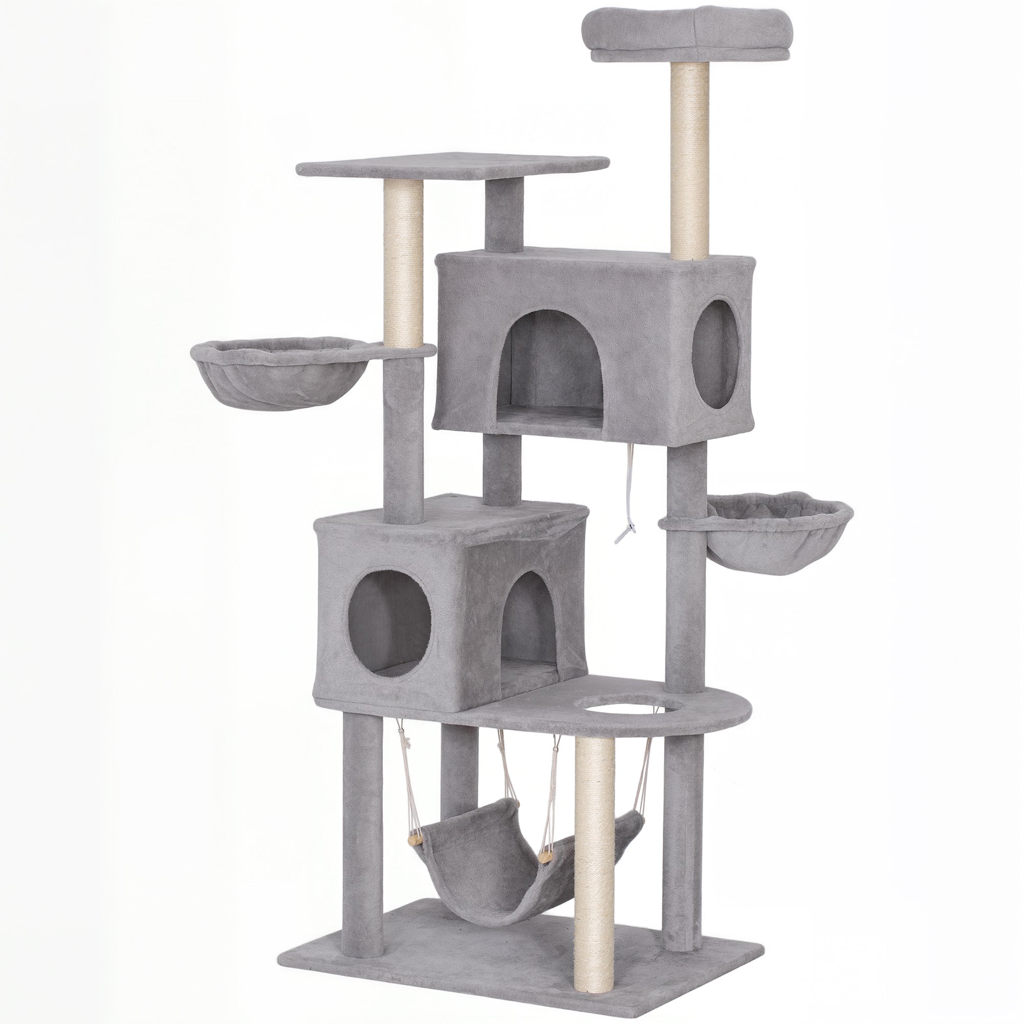 Cat Tree, 66 Inch Large Cat Tower with 2 Door Condos, 3 Big Hammocks, Plush Top Perch, Sisal Scratching Posts, Multi-level Kitty Tree for Indoor Kittens, Light Grey