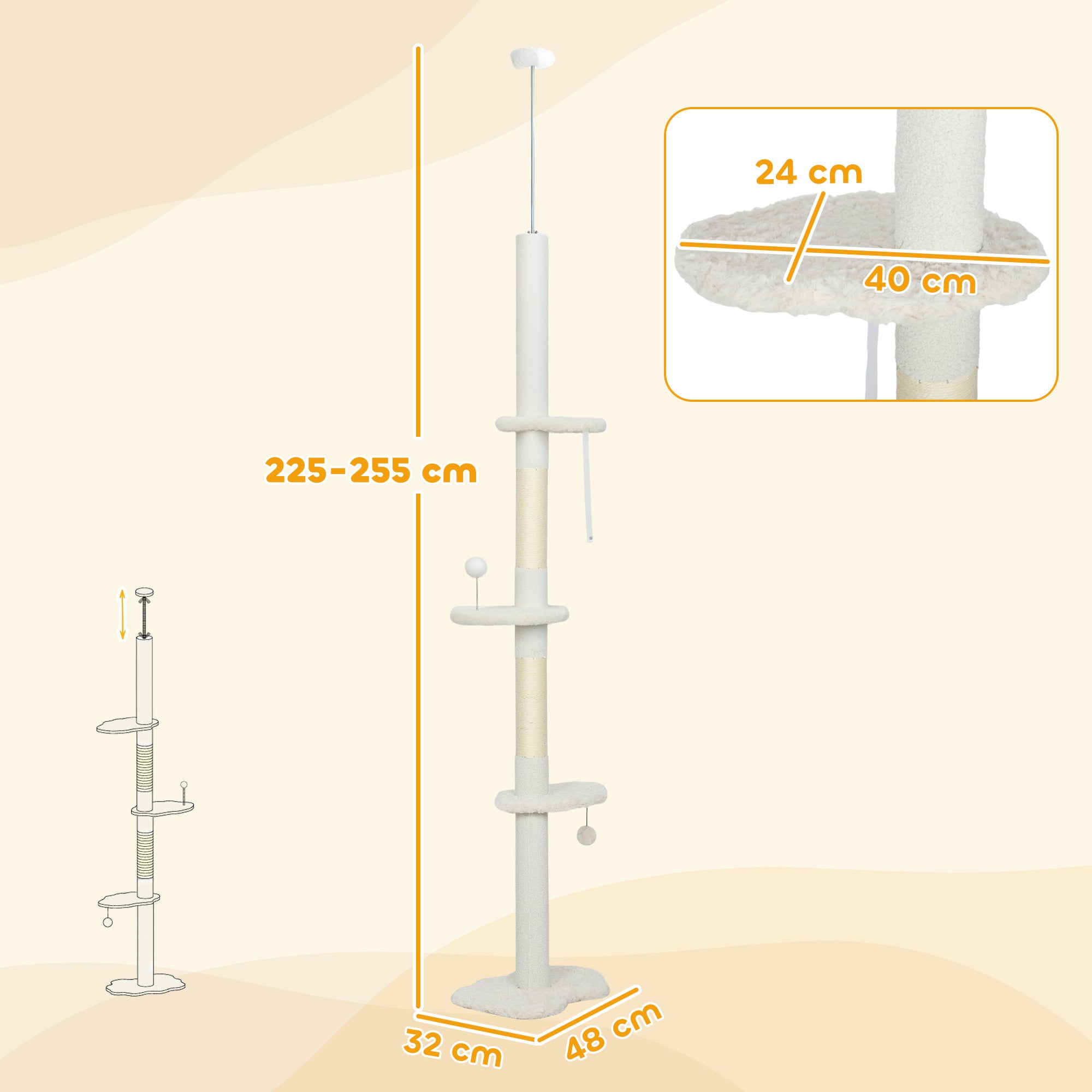 Floor to Ceiling Cat Tree, 225-255 cm Adjustable Cat Climbing Tower with 3 Cloud Perches, Sisal Scratching Posts, 2 Hanging Play Balls and Anti-Tip Strap, Beige