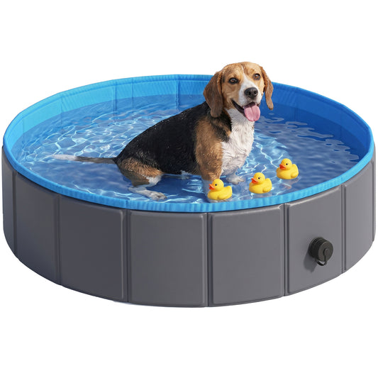 Foldable Dog Pool for Puppies and Ducks, Thickened PVC Dog Paddling Pool Bath Tub Hard Board, Anti-Slip Bottom and Hose Adapter for Easy Drainage, 100 x 30cm, Blue and Dark Grey