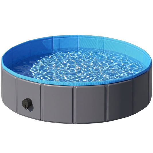 Foldable Dog Pool for Puppies and Ducks, Thickened PVC Dog Paddling Pool Bath Tub Hard Board, Anti-Slip Bottom and Hose Adapter for Easy Drainage, 100 x 30cm, Blue and Dark Grey