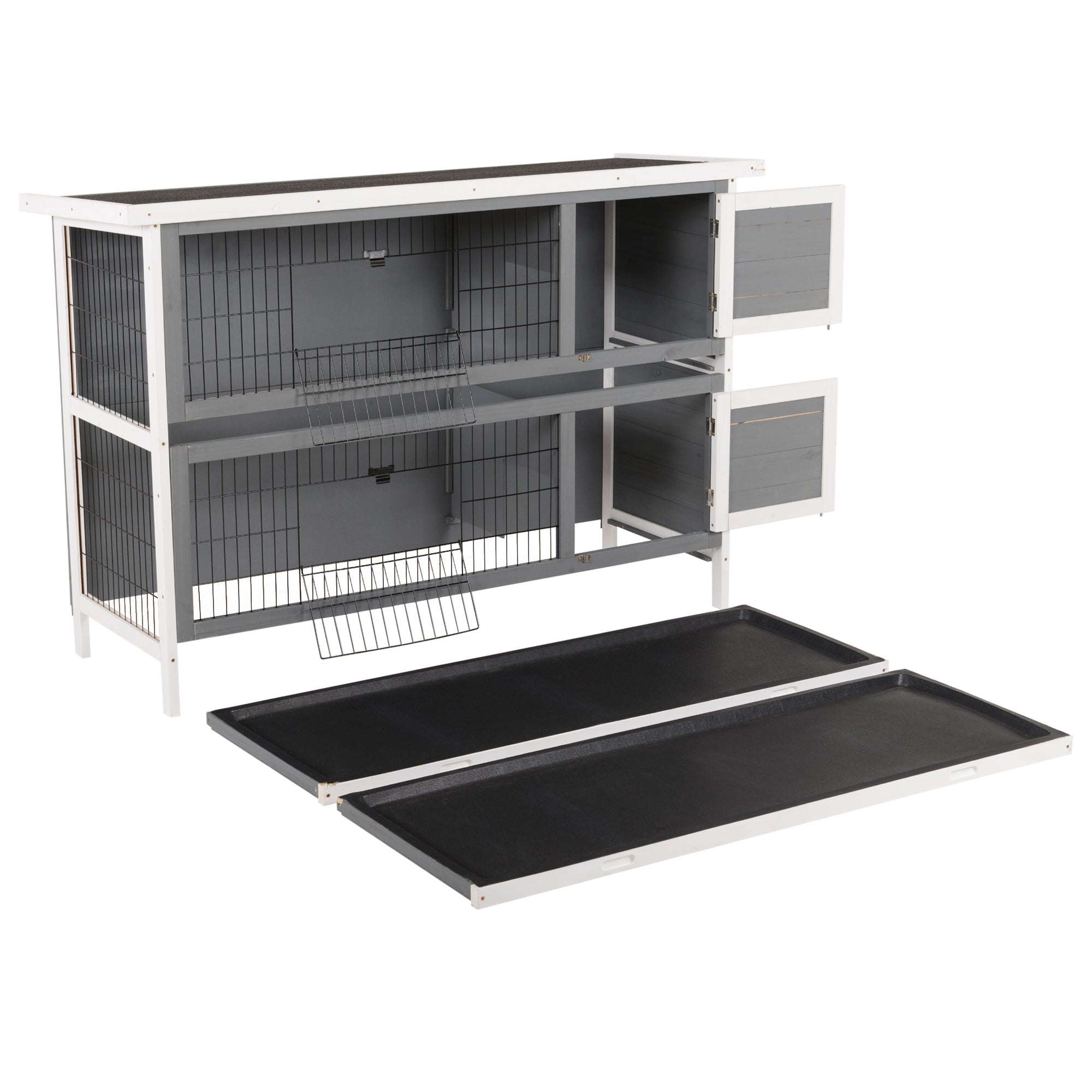 54"L 2-Story Large Rabbit Hutch Bunny Cage Wooden Pet House Small Animal Habitat with Lockable Doors, No Leak Tray and Waterproof Roof for Outdoor/Indoor Grey&White