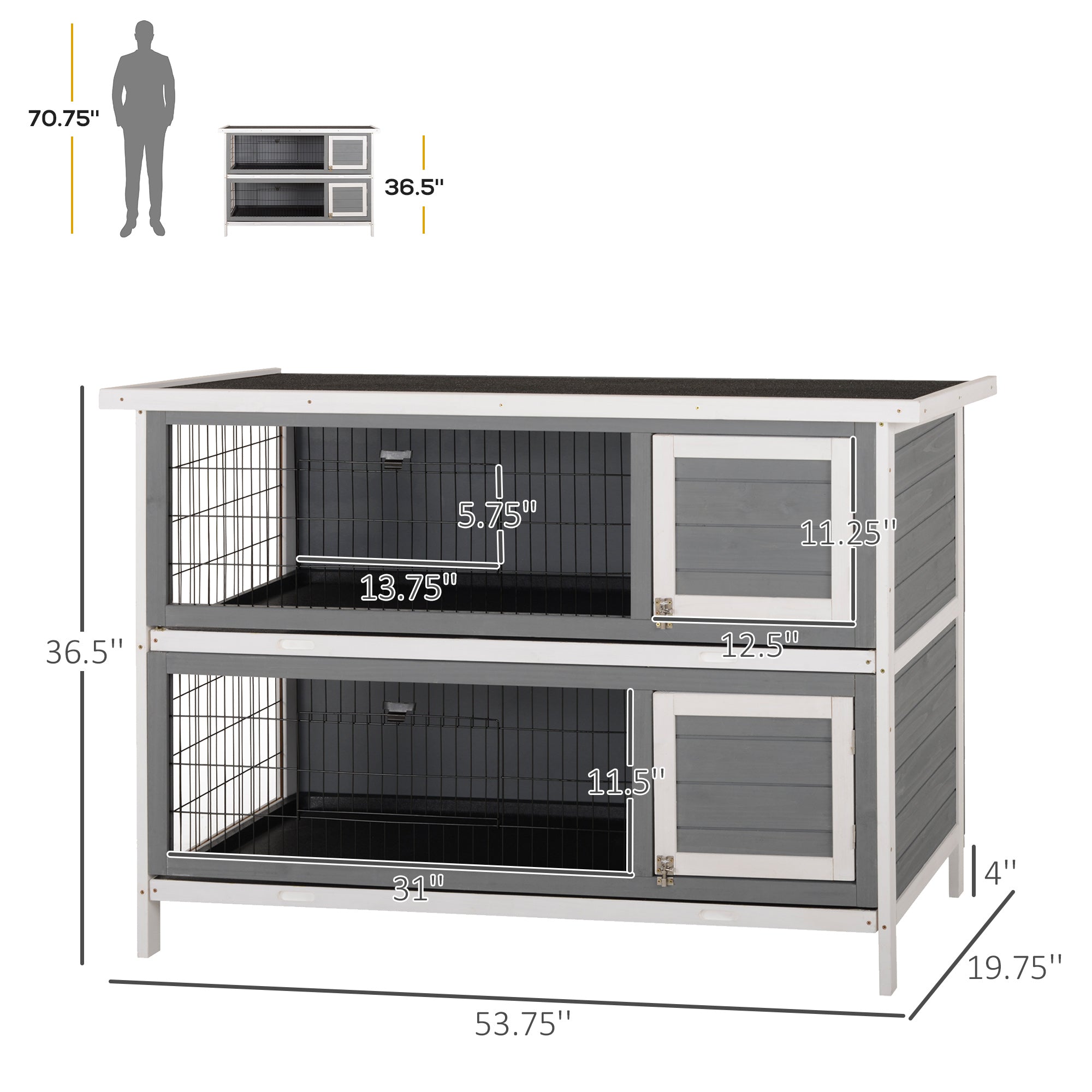 54" 2-Story Large Rabbit Hutch Bunny Cage Wooden Pet House Small Animal Habitat with Lockable Doors, No Leak Tray and waterproof Roof for Rabbits, Chickens, Ducks, Outdoor/Indoor Dark Gray