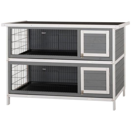 54"L 2-Story Large Rabbit Hutch Bunny Cage Wooden Pet House Small Animal Habitat with Lockable Doors, No Leak Tray and Waterproof Roof for Outdoor/Indoor Grey&White