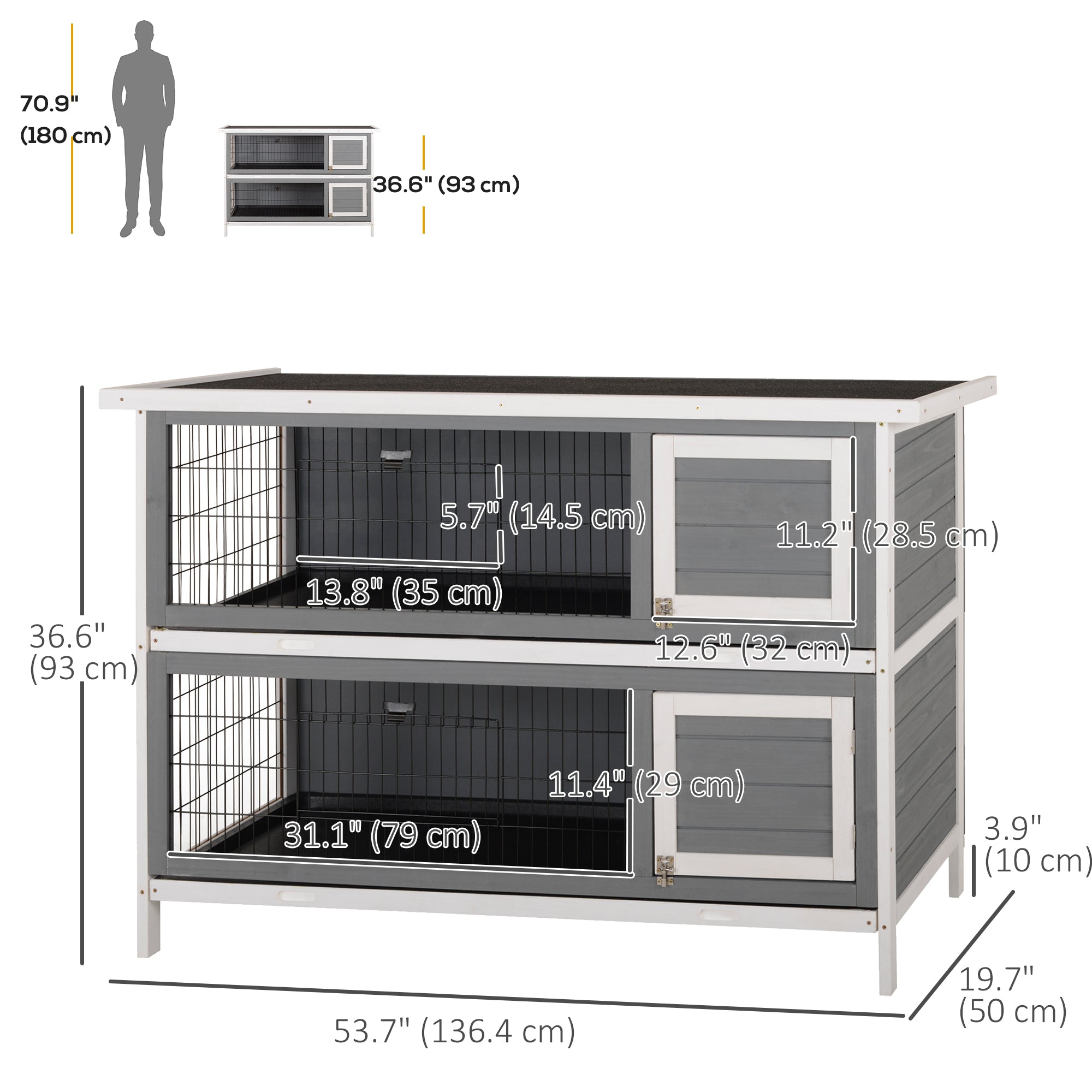 54"L 2-Story Large Rabbit Hutch Bunny Cage Wooden Pet House Small Animal Habitat with Lockable Doors, No Leak Tray and Waterproof Roof for Outdoor/Indoor Grey&White