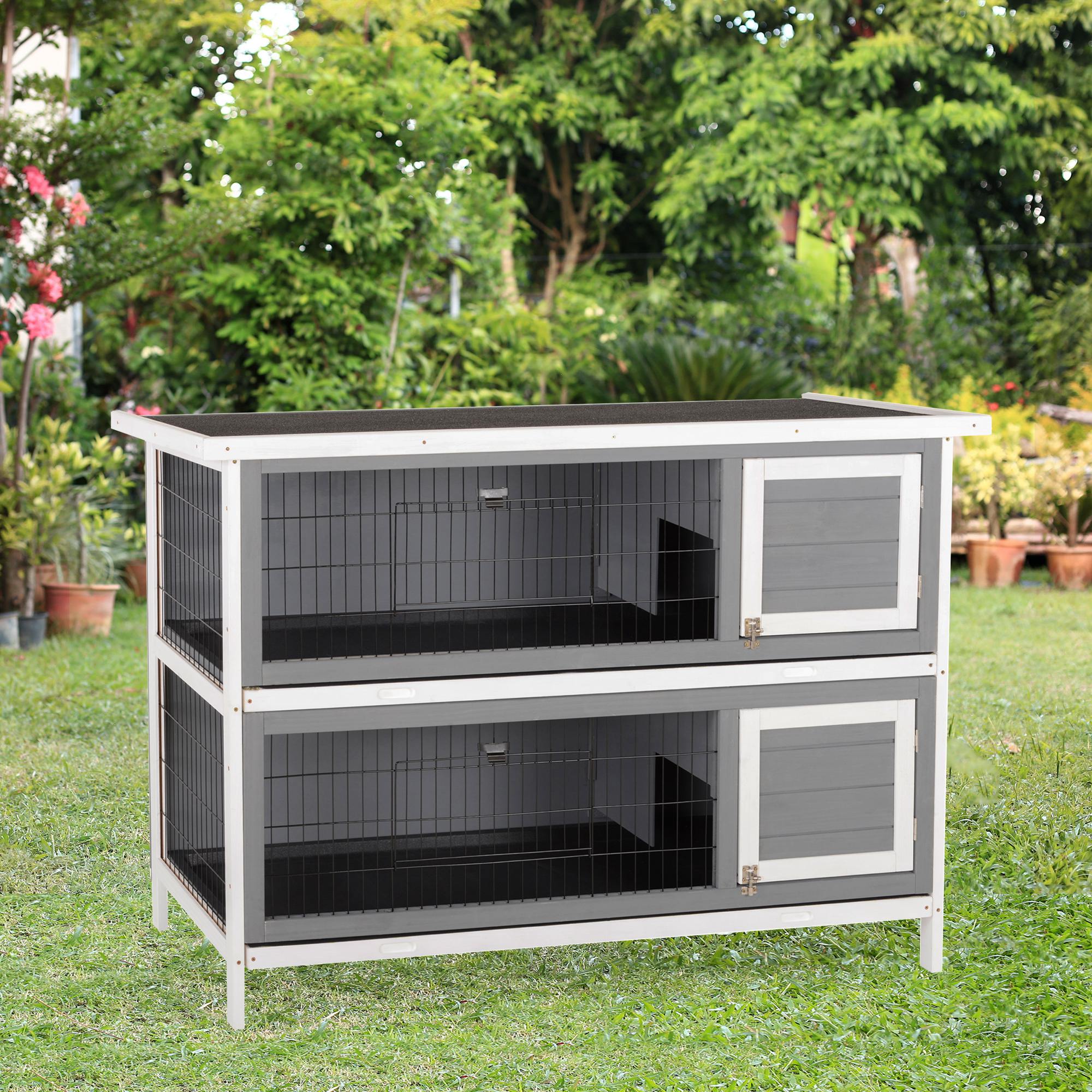 54" 2-Story Large Rabbit Hutch Bunny Cage Wooden Pet House Small Animal Habitat with Lockable Doors, No Leak Tray and waterproof Roof for Rabbits, Chickens, Ducks, Outdoor/Indoor Dark Gray