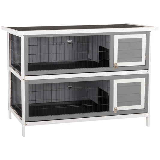 54"L 2-Story Large Rabbit Hutch Bunny Cage Wooden Pet House Small Animal Habitat with Lockable Doors, No Leak Tray and Waterproof Roof for Outdoor/Indoor Grey&White