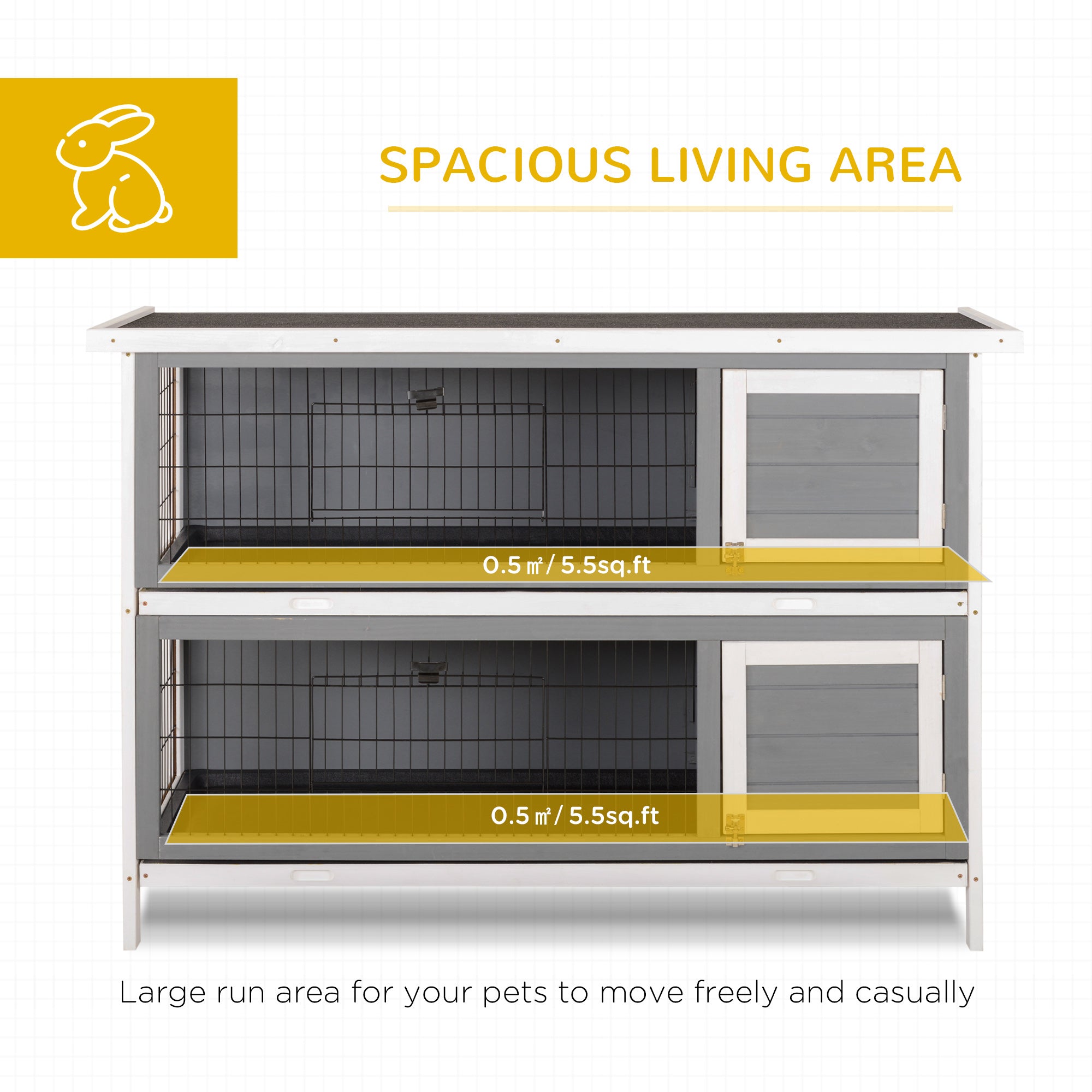 54"L 2-Story Large Rabbit Hutch Bunny Cage Wooden Pet House Small Animal Habitat with Lockable Doors, No Leak Tray and Waterproof Roof for Outdoor/Indoor Grey&White