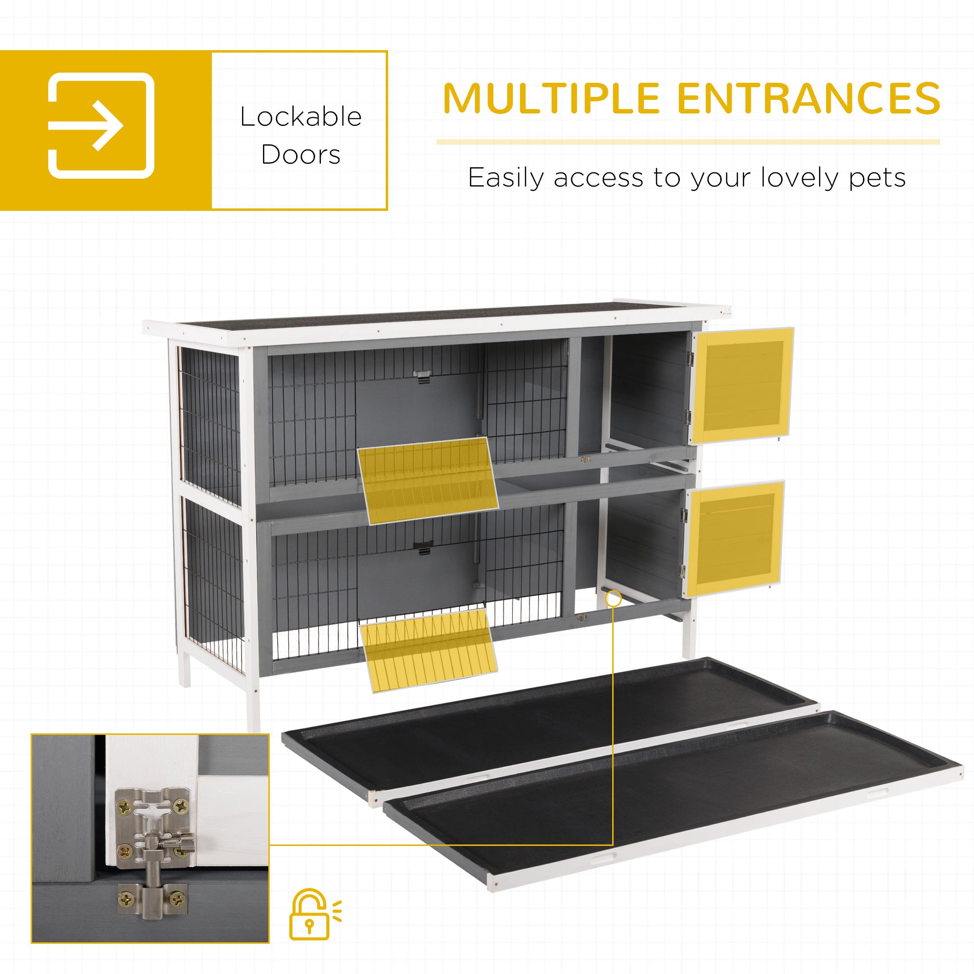 54"L 2-Story Large Rabbit Hutch Bunny Cage Wooden Pet House Small Animal Habitat with Lockable Doors, No Leak Tray and Waterproof Roof for Outdoor/Indoor Grey&White
