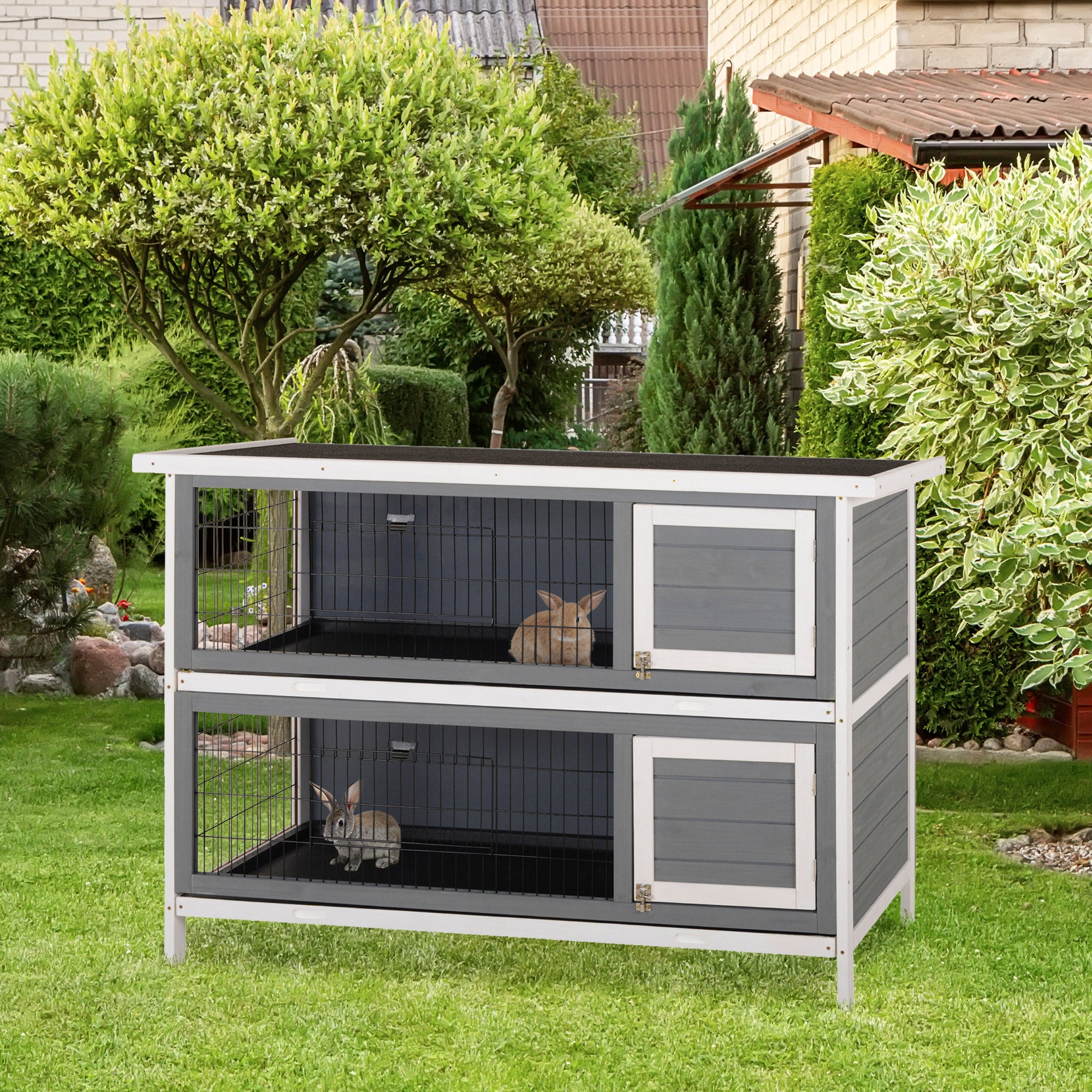 54"L 2-Story Large Rabbit Hutch Bunny Cage Wooden Pet House Small Animal Habitat with Lockable Doors, No Leak Tray and Waterproof Roof for Outdoor/Indoor Grey&White