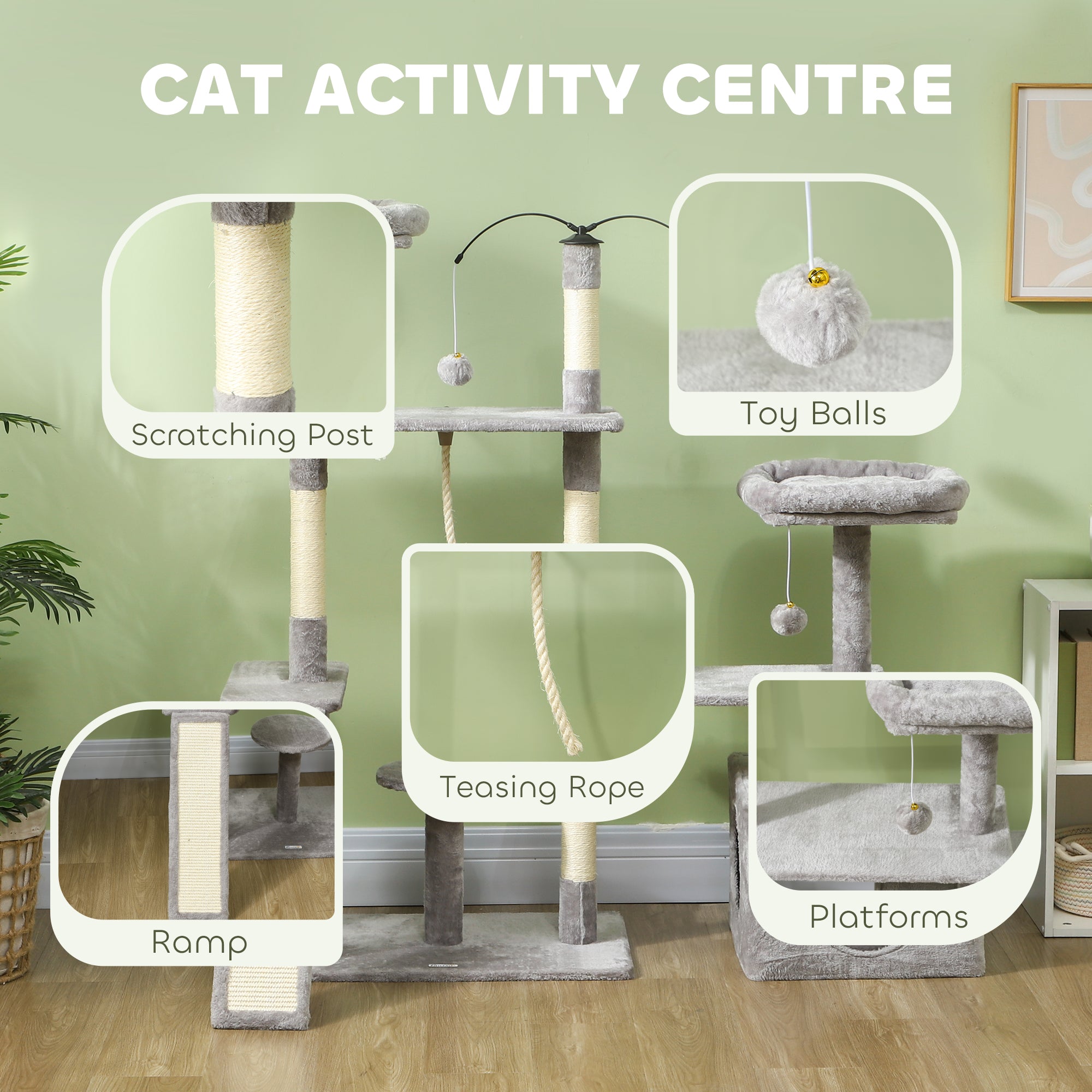 53" Cat Tree, Multi-Level Cat Tower for Indoor Cats with Sisal Scratching Posts, Cat Condo, Beds, Platforms, Ramp, Toy Balls, Cat Activity Center, Light Grey