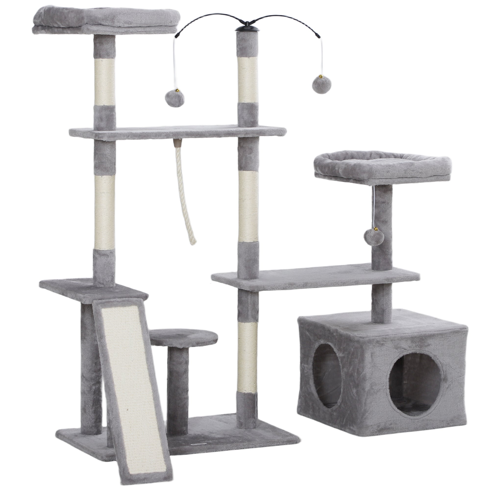 53" Cat Tree, Multi-Level Cat Tower for Indoor Cats with Sisal Scratching Posts, Cat Condo, Beds, Platforms, Ramp, Toy Balls, Cat Activity Center, Light Grey